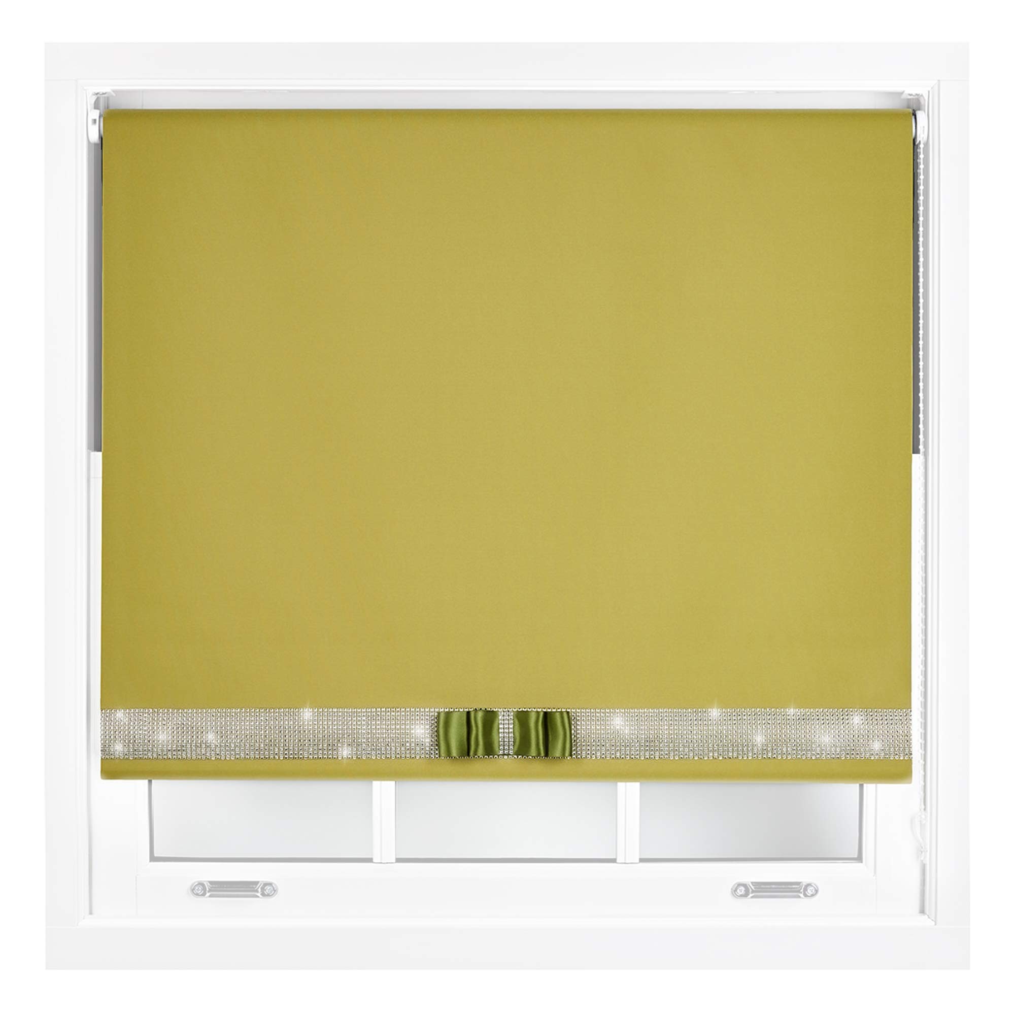FURNISHED Diamante Blackout Blinds with Bow - Decorative Diamond Sparkle Design Roller Blind Green Cut to Size Up to 60W x 210L cm