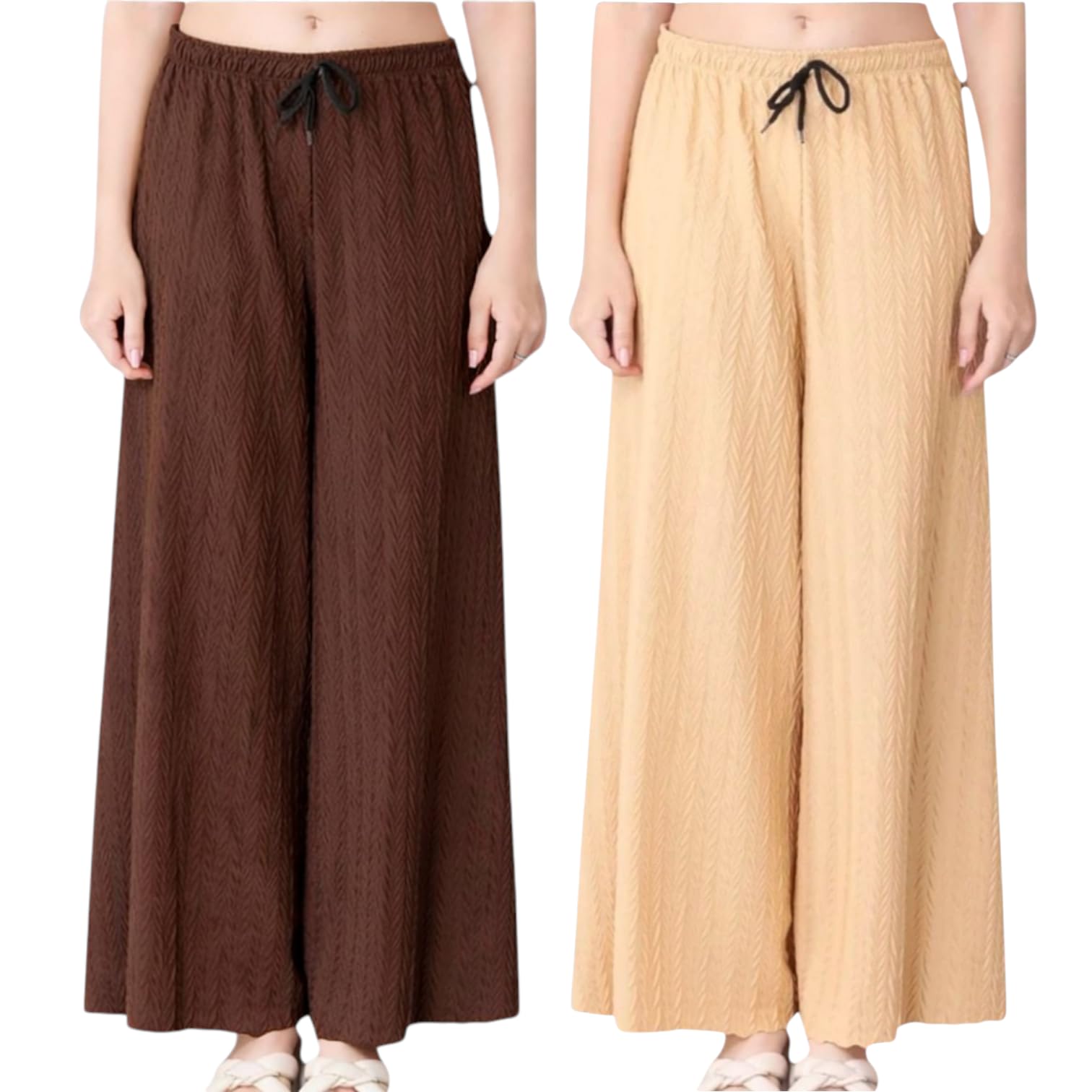 fabbizz Women Palazzo Pants, Wide Leg Trousers with Drawstring, Brown and Black, 2 Pack-picture-41