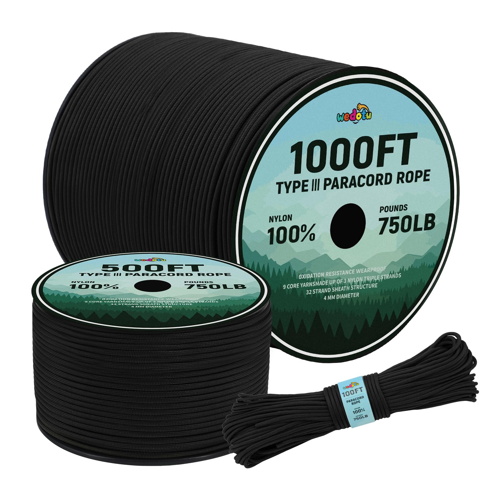Wedotu-750LB Paracord Rope-100ft/500ft/1000ft-4MM-9 Strand Parachute Spool Cord Ideal for Military Nylon String, Camping,Survival Paracord Bracelet
