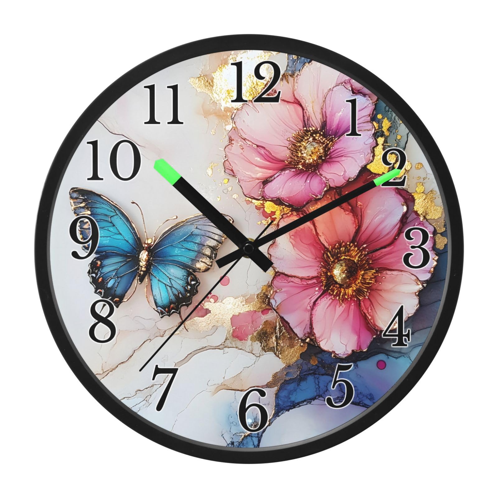 Mnsruu Reloj de pared luminoso con diseño de flores y mariposas, reloj de pared que brilla en la oscuridad, funciona con pilas, silencioso, sin tictac, luz nocturna para dormitorio