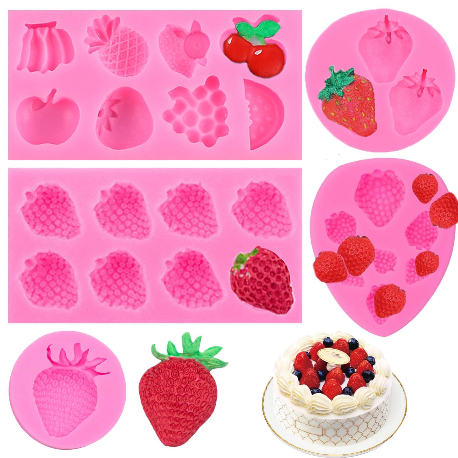 5 Pcs 3D Strawberry Baking Mold - Silicone Fondant Mold for DIY Topper Decorating Cake, Chocolate, Cookies, Sugar, Polymer Clay Crafting Project