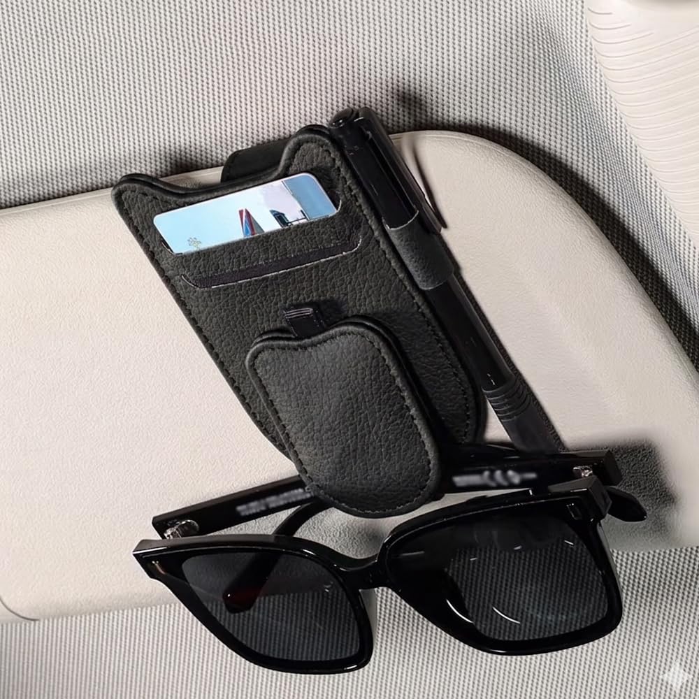 QIZUN Car Sunglasses Holder for BMW E87 M Leistung E36 E46 E60 E90 E91 E92 E93 F30 F20 M3, Sun Visor Glasses Clip with Card and Pen Holder, Leather Interior Storage Organiser,Black