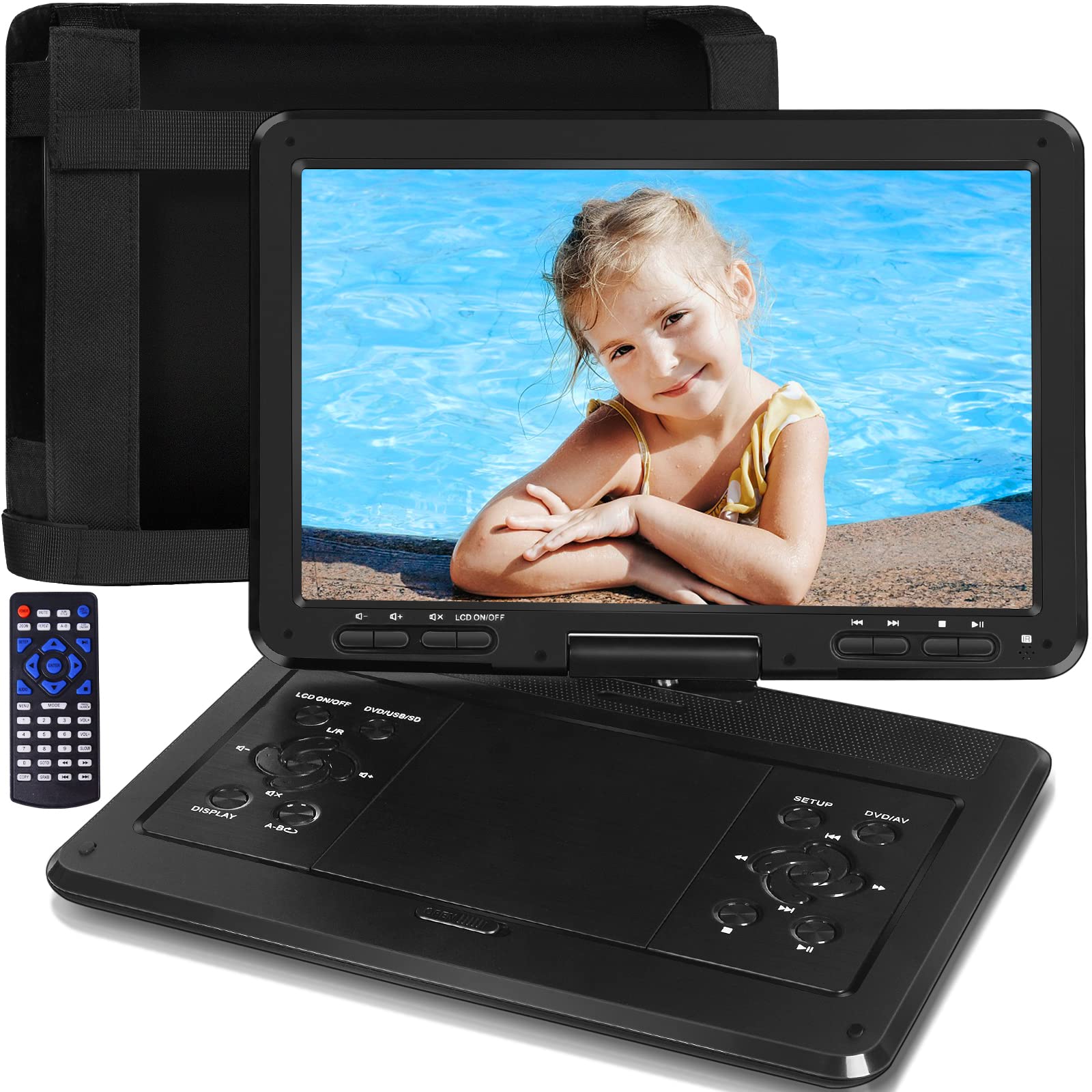 YOOHOO16.9" Portable DVD Player with 14.1" Large HD Swivel Buttons Screen, 6 Hrs Battery DVD Player Portable, Power Adapter, Car Charger, Car Headrest Case, Support USB/SD Card/Sync TV, Region-Free
