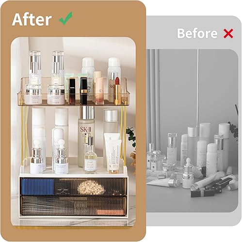 Miniatura 5 de shuang qing Organizador de encimera de baño de 2 niveles y 2 cajones, organizador grande para el cuidado de la piel, estante de almacenamiento de