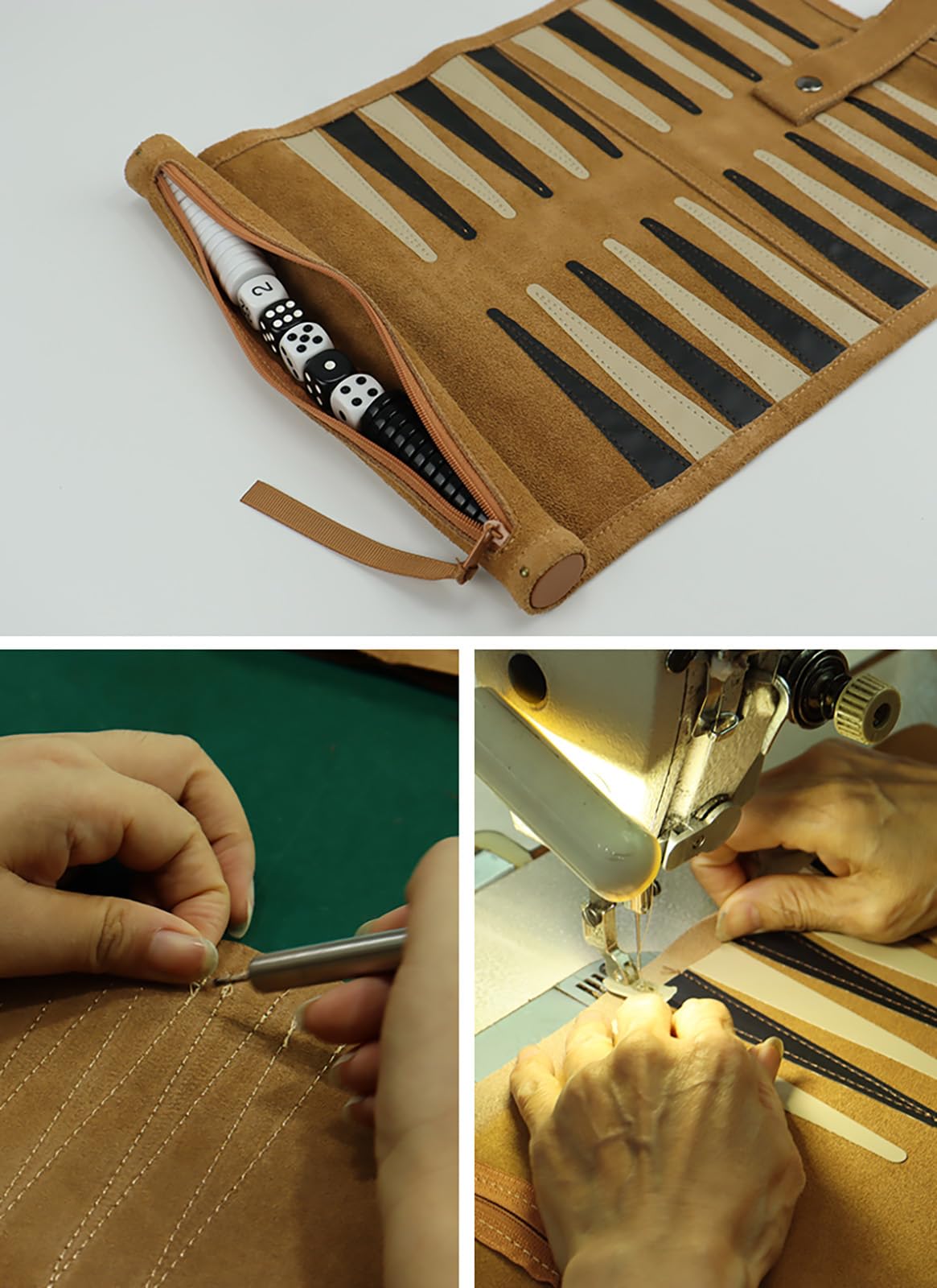 ELLENNE - BACKGAMMON EN CUIR VRAI AVEC COUTURE À LA MAIN - PORTABLE DE VOYAGE ENROULABLE