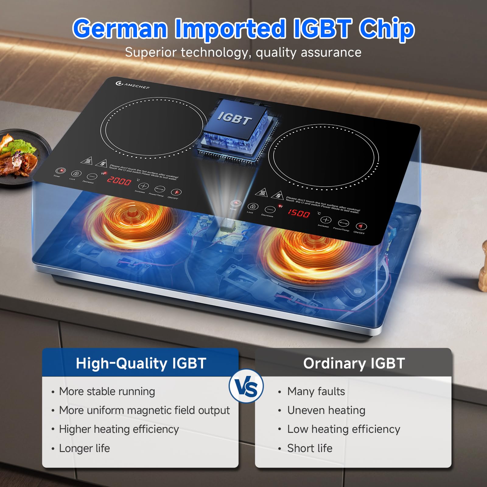 AMZCHEF Induktionskochfeld 2 Platten Freistehend, Induktionskochplatte 2 Platten 3500W mit Unabhängigen Steuerungen, 20 Temperaturstufen, mehrere Leistungseinstellungen, 4-Stunden-Timer