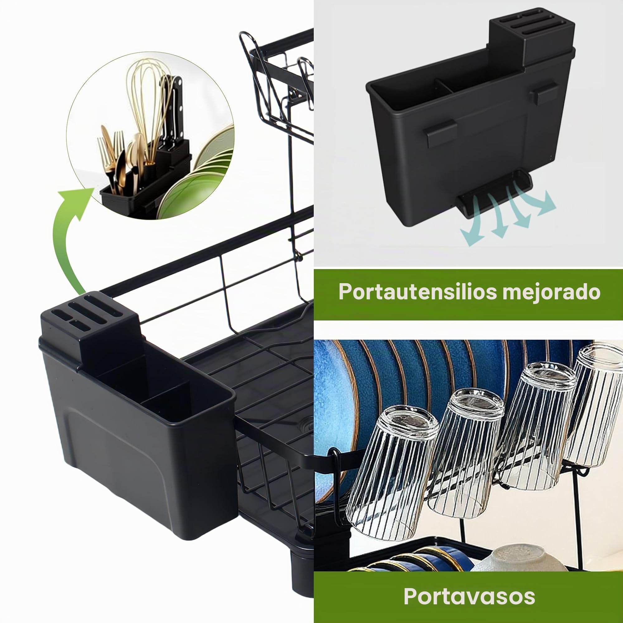 Theo&Cleo Escurreplatos para Vajilla, Escurreplatos de 2 Niveles, Portaplatos con Salida Giratoria de 360° y Bandeja Escurridora, Ahorrador de Espacio para la Cocina (Negro-L)