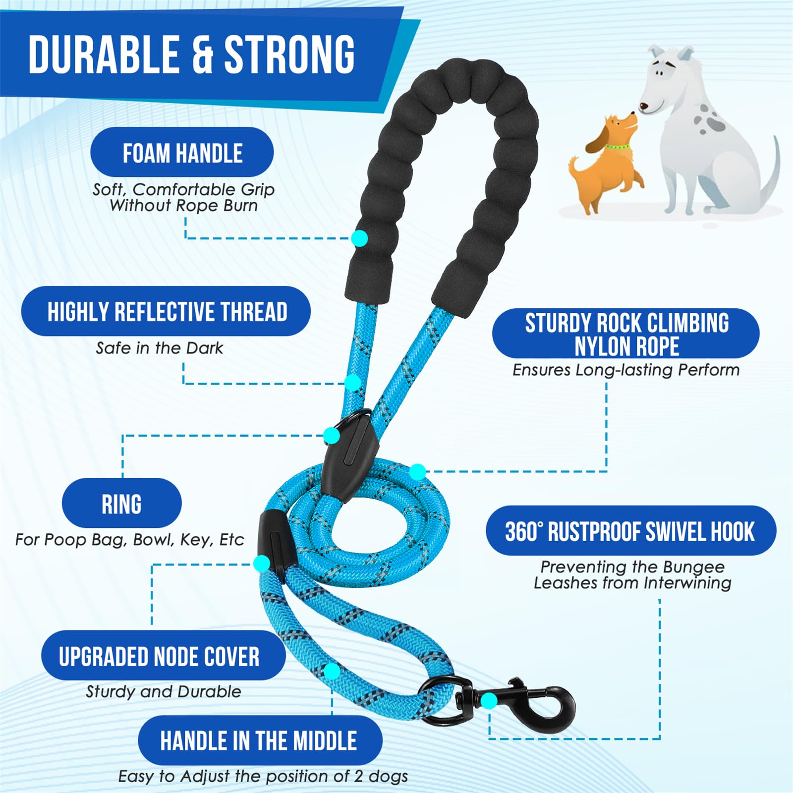 SlowTon Correas dobles para 2 perros – Correa doble para perro sin enredos con tres asas, giro de 360° para perros grandes, resistente correa reflectante doble para perro, absorción de golpes,