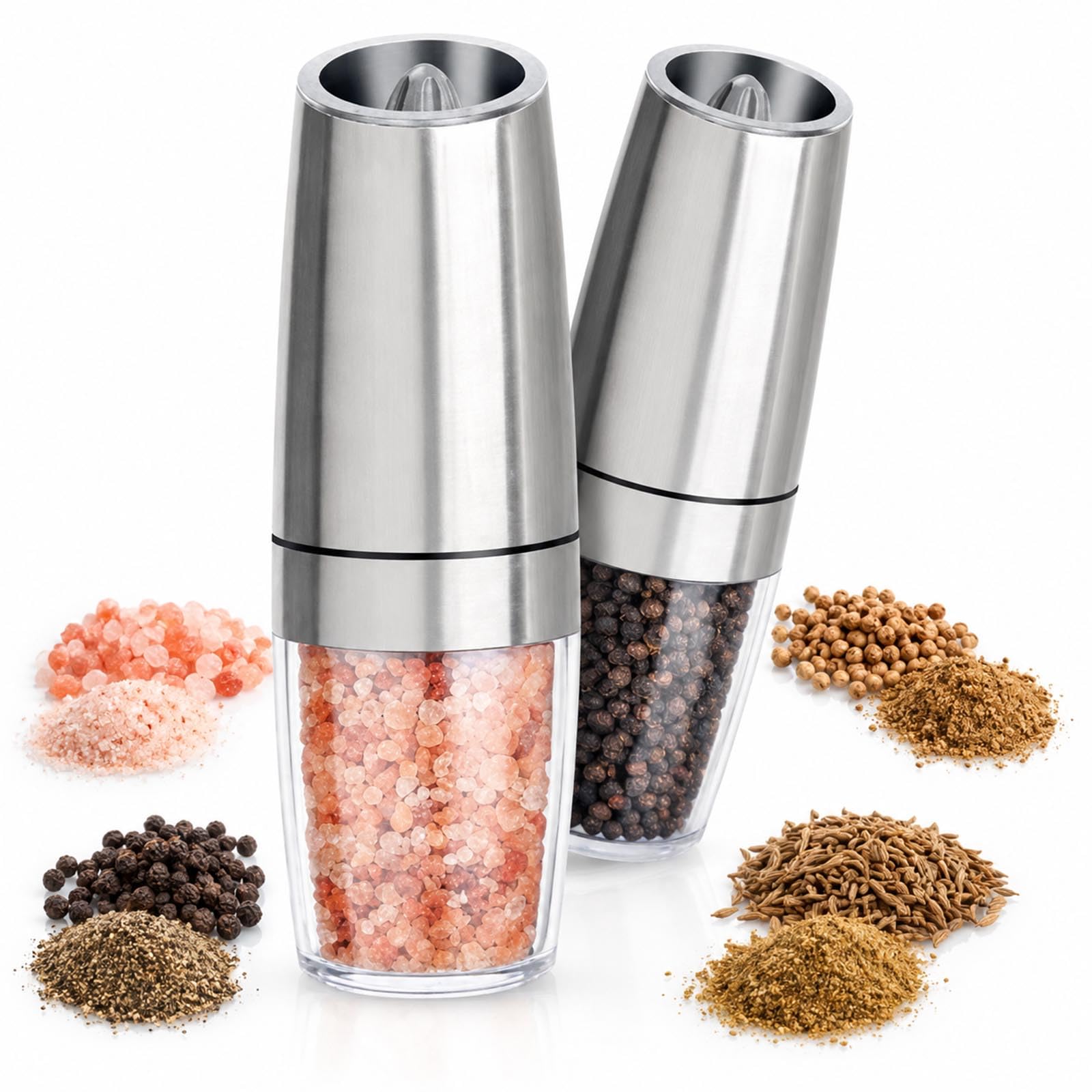 Photo 1 of 2 Pack Gravity Electric Salt and Pepper Grinder Set, Battery Powered One-Hand Tilt to Grind, Adjustable Coarseness, Blue LED Light, Large Refill Chamber, Non-Slip Olive Shape(Sliver)