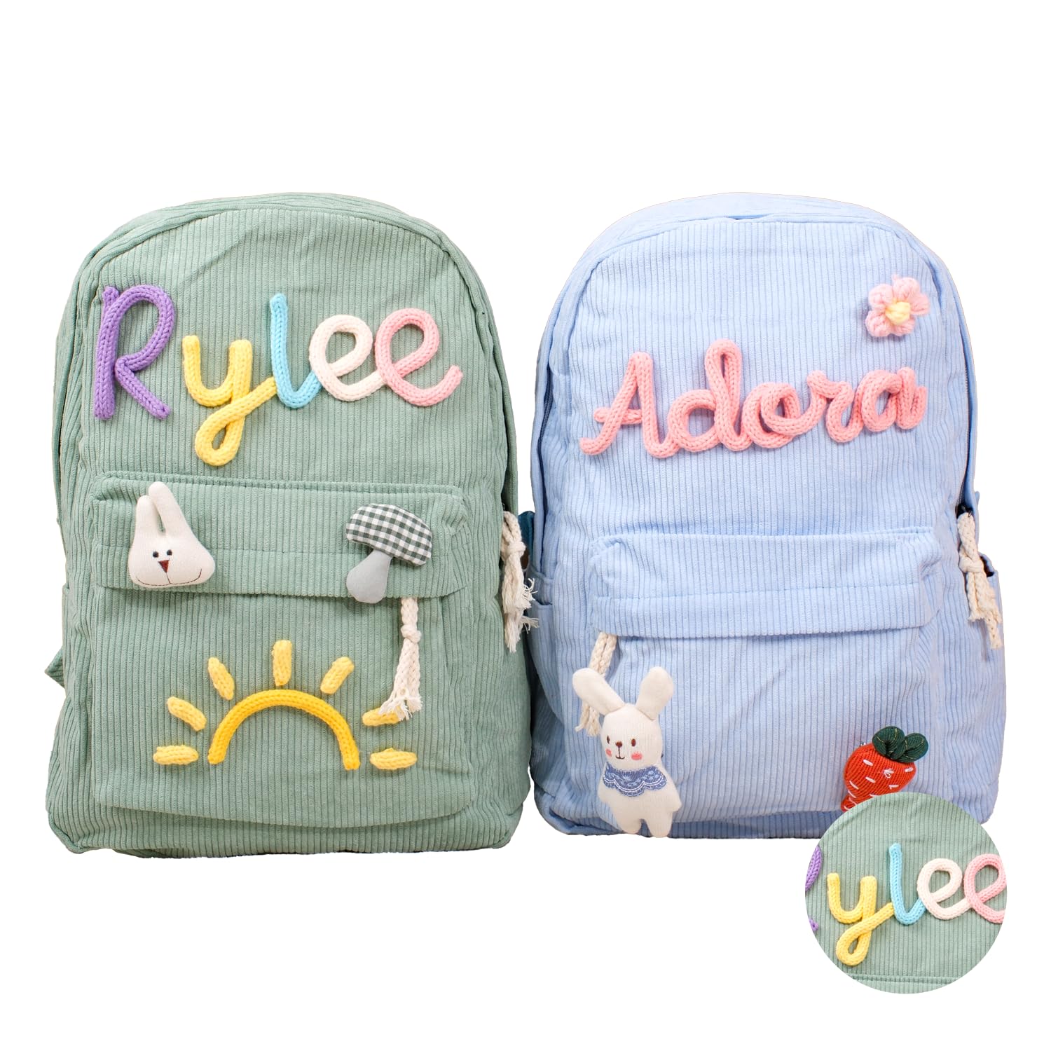 REQTYUI Personalized Corduroy Backpack, Custom Embroidered Name Aesthetic School Bag, Monogram Book Bag for Toddlers and Kids (Green)