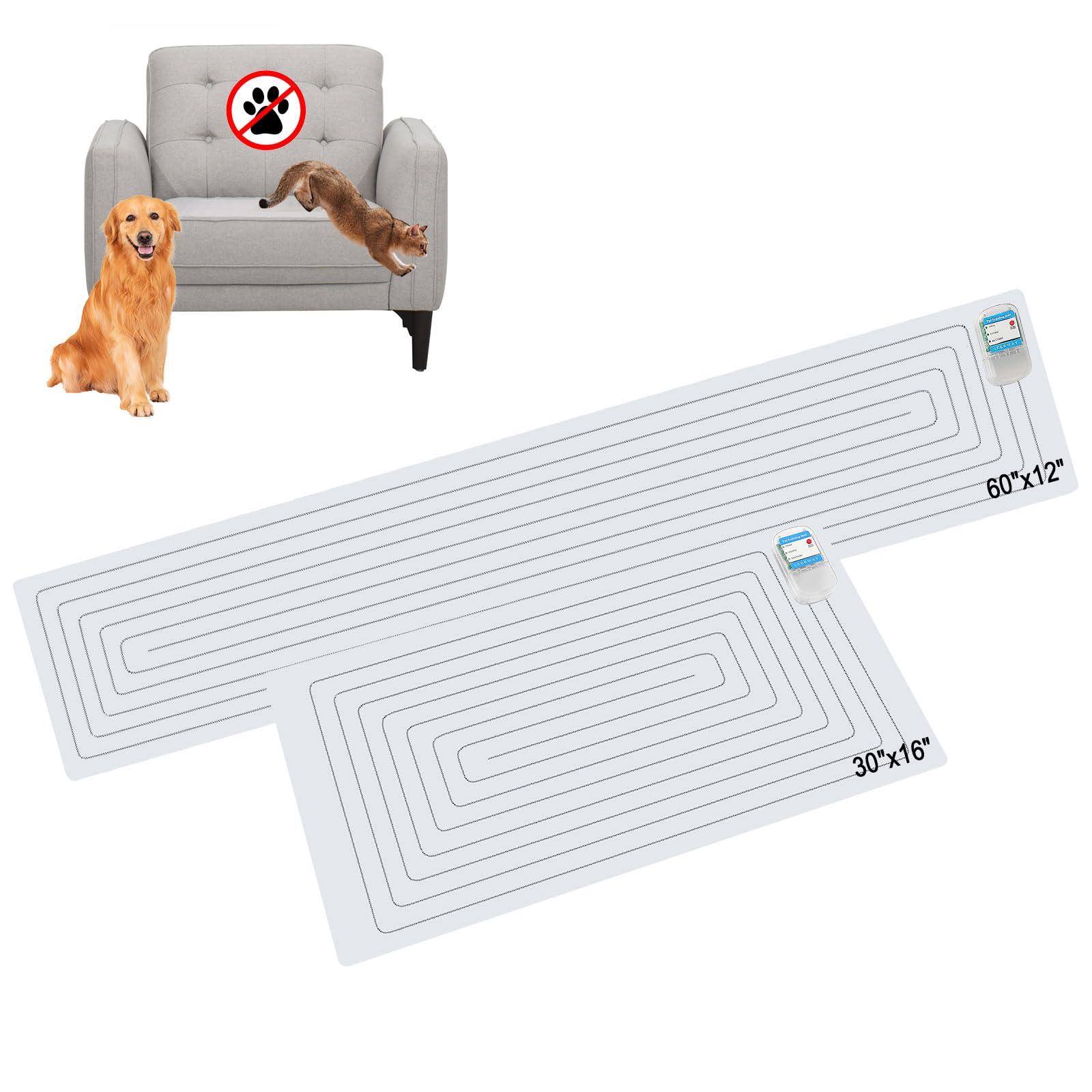 Scat Pet Shock Mat 2 Pieces in Different Size, Shock Pads for Dogs and Cats Training Indoor, Electric Repellent Mat Keeps Pets Off Couch, Sofa, Countertop, 3 Modes (60" x12” + 30"x16")