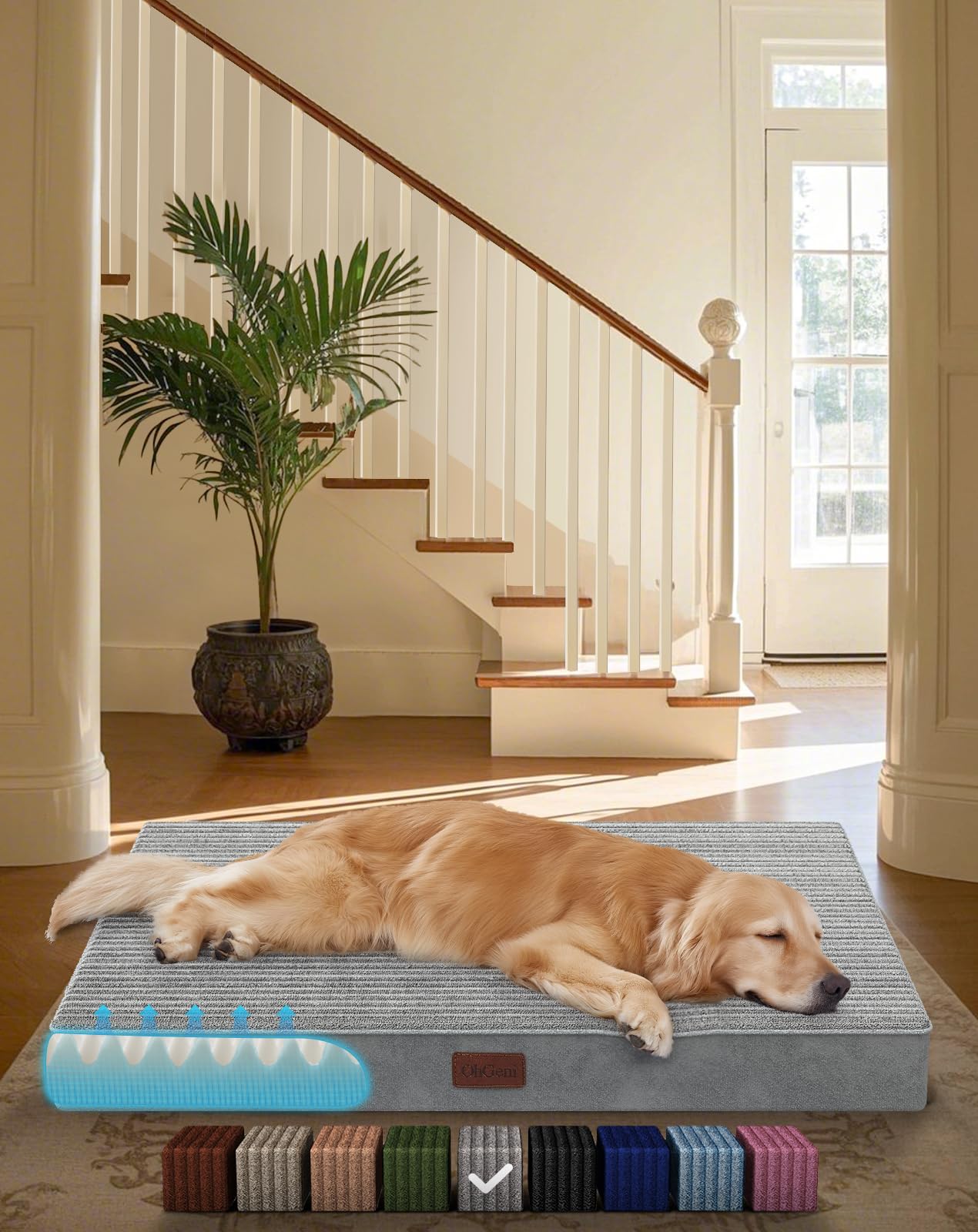 OhGeni Orthopedic Waterproof & Machine Washable Dog Bed for Medium Large Pets, Suitable for Crates, 25D Egg Crate Foam, Non-Slip Bottom & Removable Cover, 35 Inches(Gray)