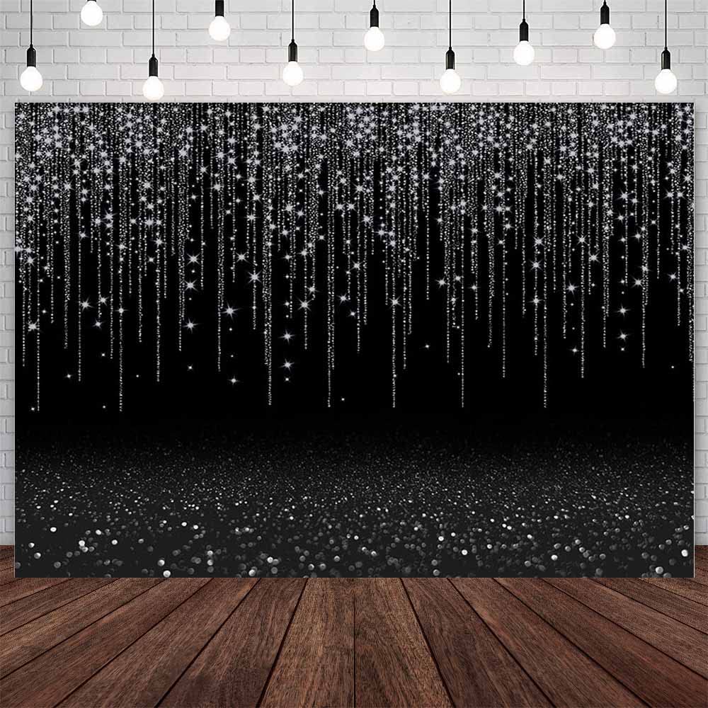 Photo 1 of AIBIIN 7x5ft Black and Silver Party Photo Backdrop for Girls Silver Glitter Bokeh Spots Wedding Bridal Shower Photography Background Glitter Diamond Birthday Party Prom Banner Photo Shoot Props