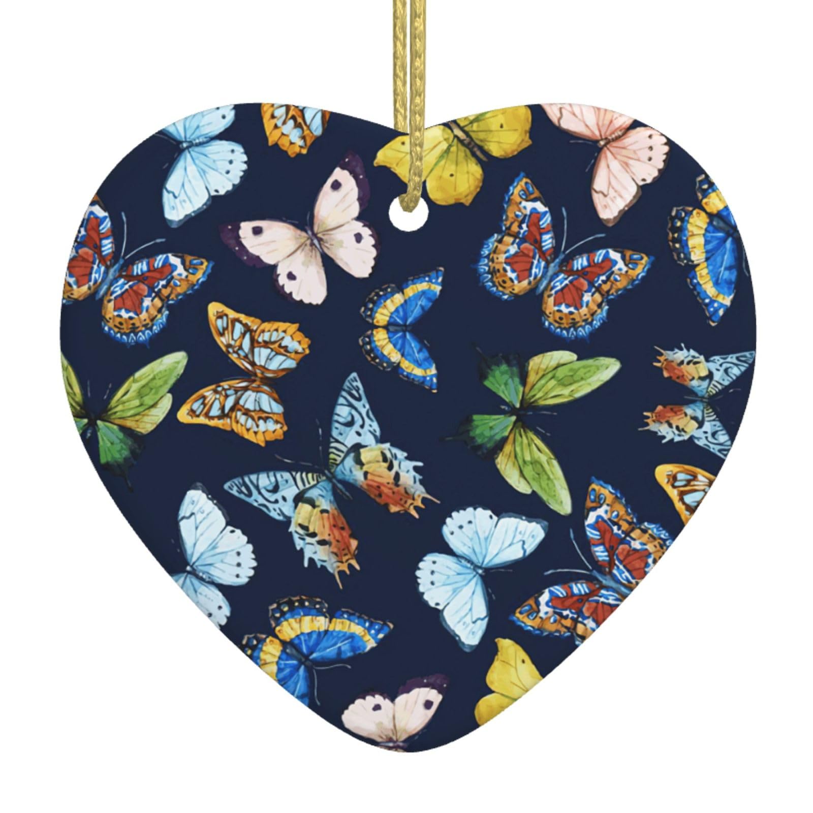 Nbtghga White Leaf Colorful Butterfly Print Christmas Ornaments, Ceramic Hanging Ornament, Xmas Tree Decoration, Holiday Home Decor