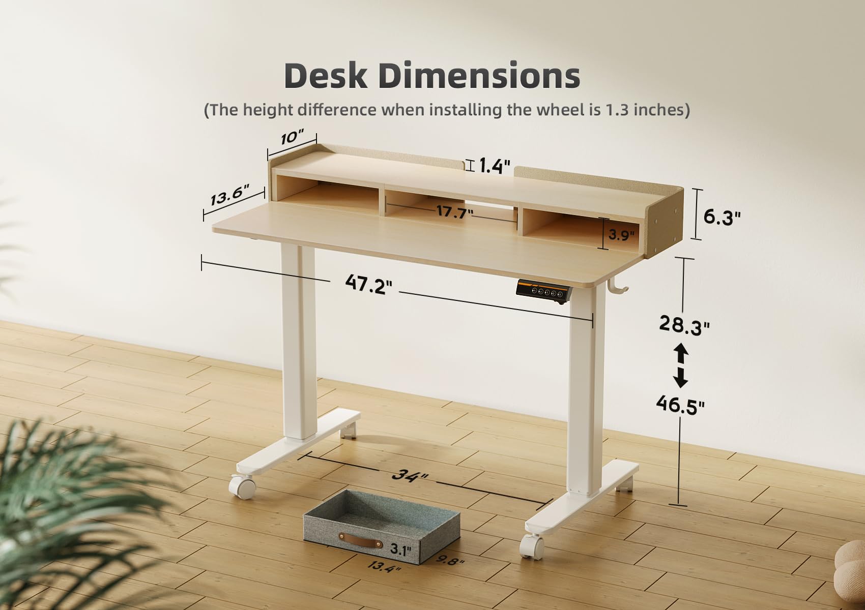 Morsut Stabureau met laden 120x60cm, staand elektrisch sta-bureau in hoogte verstelbaar, zit-sta bureau met opbergplank en splitplank, zwart