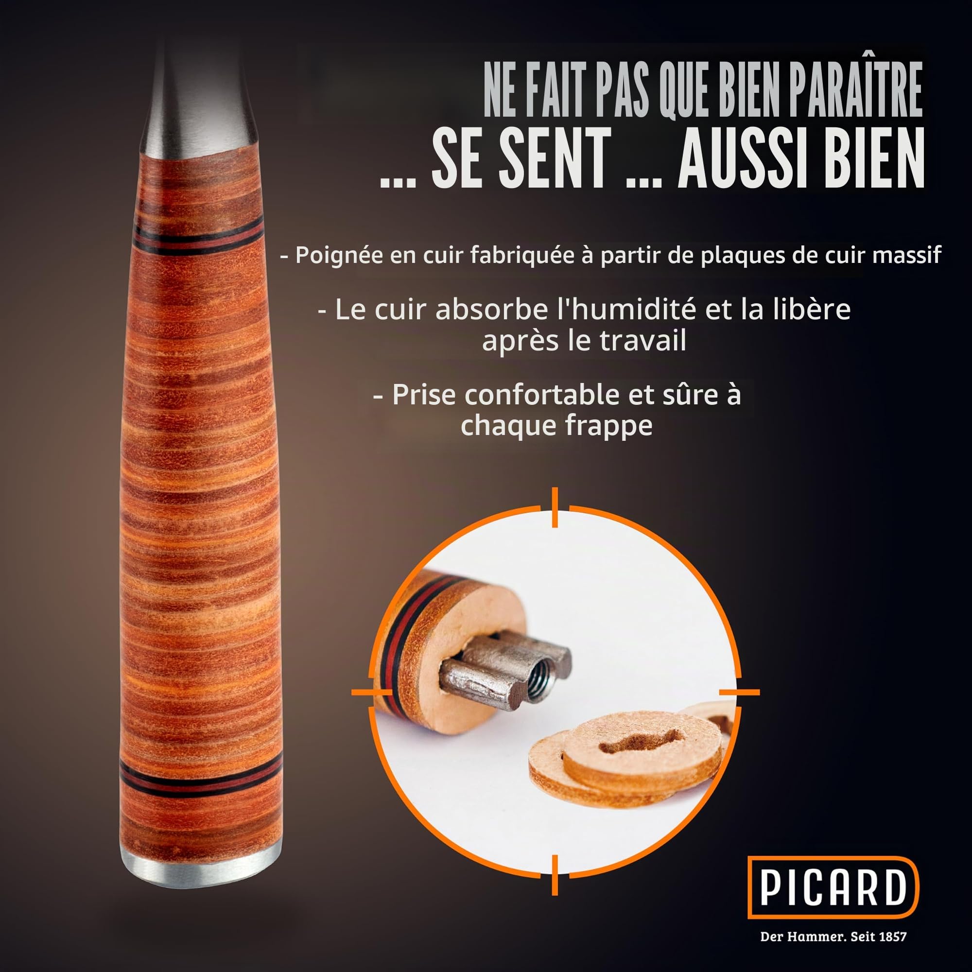 PICARD Marteau de charpentier, version légère, no. 790 1/2 lisse | Outil tout acier avec porte-clou magnétique | Marteau couvreur professionnel équilibré avec poignée cuir | Red Dot Award