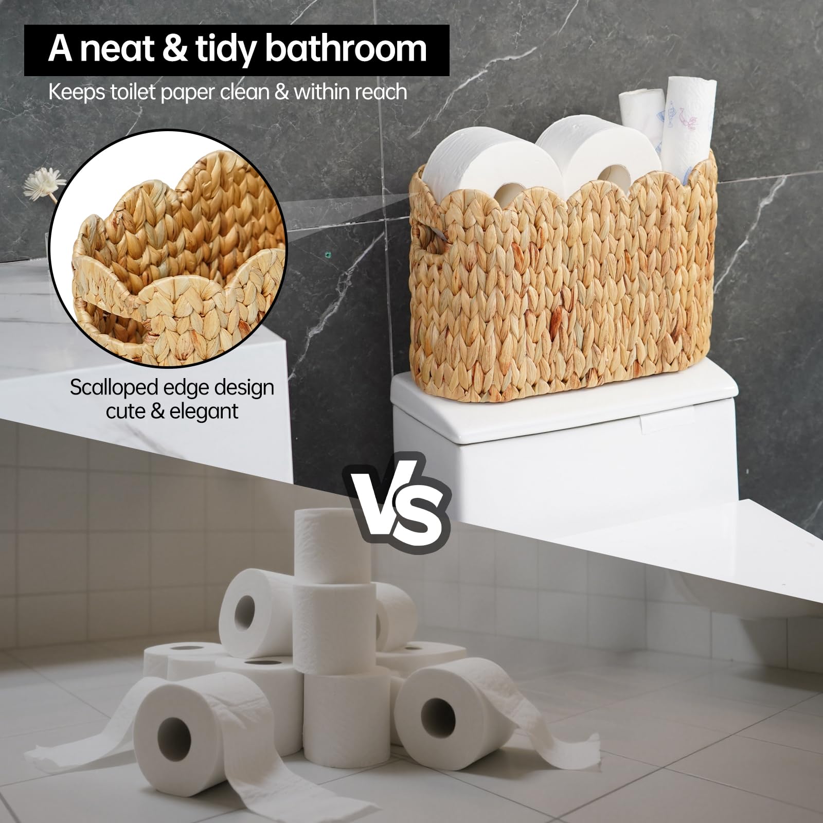 Coeusy Toilet Paper Storage Basket,Scalloped Wicker Basket for Bathroom Organizers and Storage,Hand-Woven Rattan Bathroom Decor Accessories,Natural Water Hyacinth