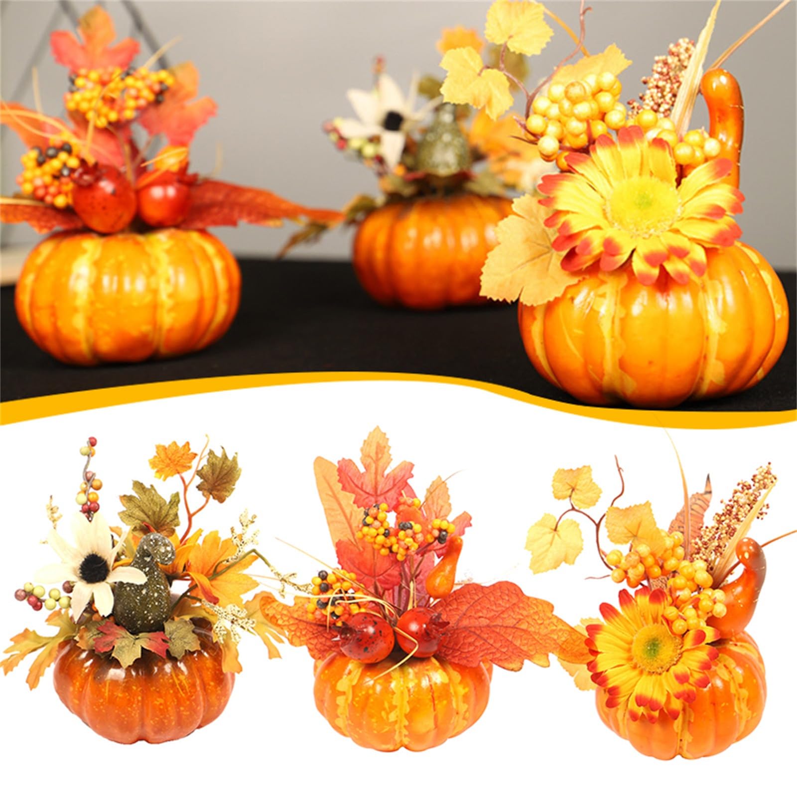 Artificial Flower Pumpkin Decor - 5.9in Halloween, Thanksgiving & Autumn Party/Home/Kitchen Table Centerpiece, Fall Decorations for Home (B)