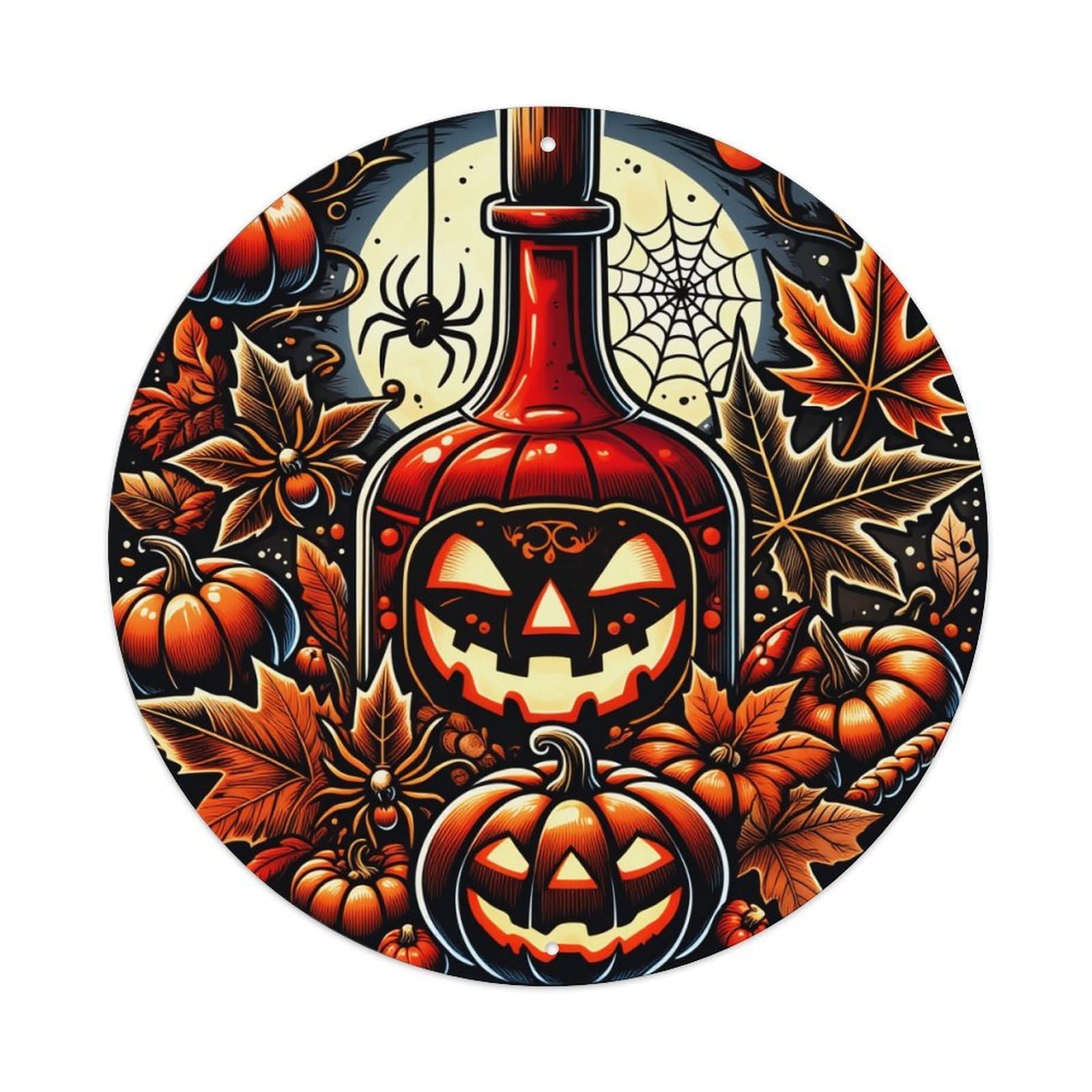 Halloween Pumpkin Spider Web Leaves Vintage Round Tin Sign Retro Metal Wall Decor Metal Poster, Home Bar Garage Cafe Wall Art Decoration 8x8Inches