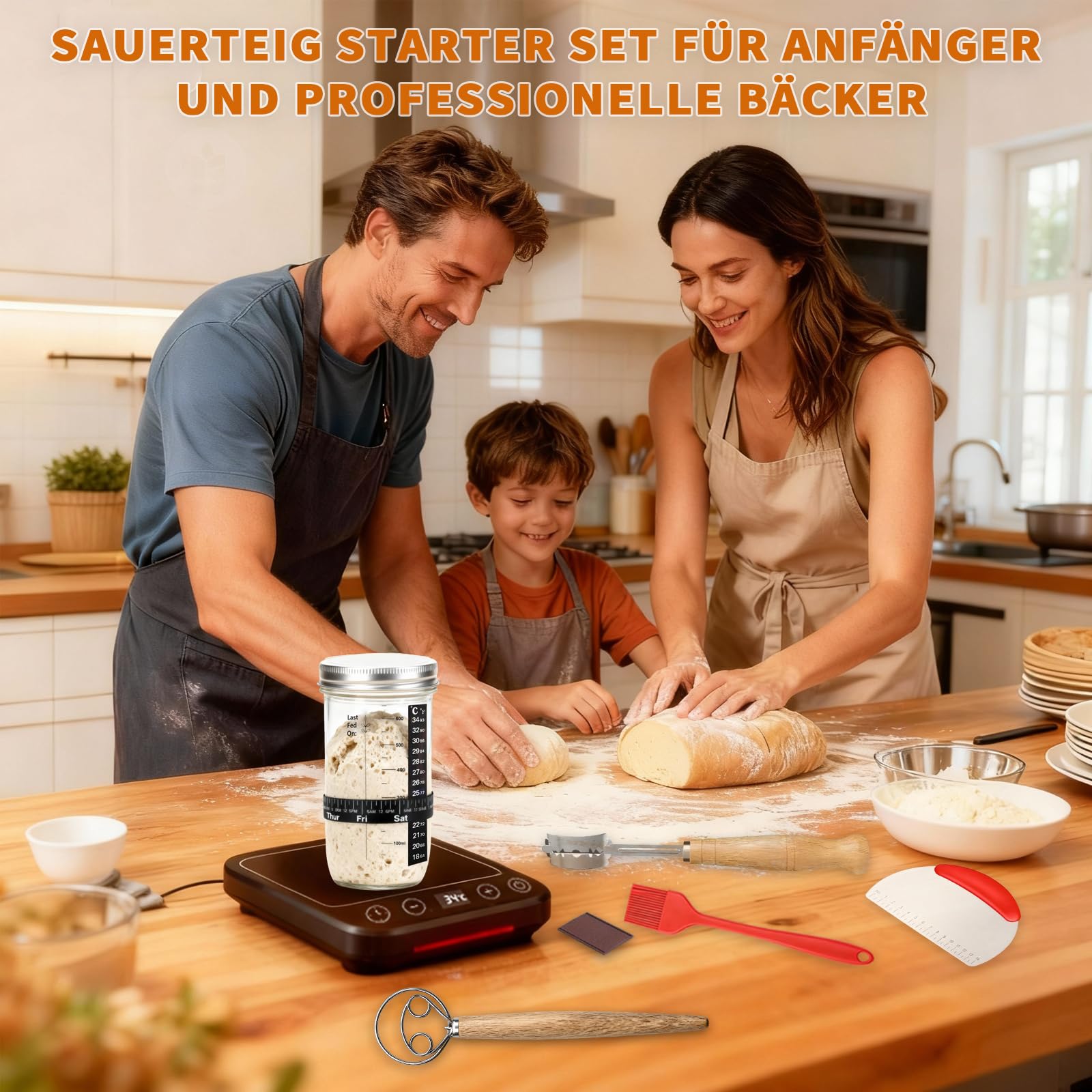 Daity Sauerteig Starter Set, 13-teilig Brot Backen Zubehör,Sauerteig Wärme, 28cm Klappbare Brot Gärkorb Oval und 25cm Klappbare Brot Gärkorb rund,für Anfänger und Professionelle Bäcke