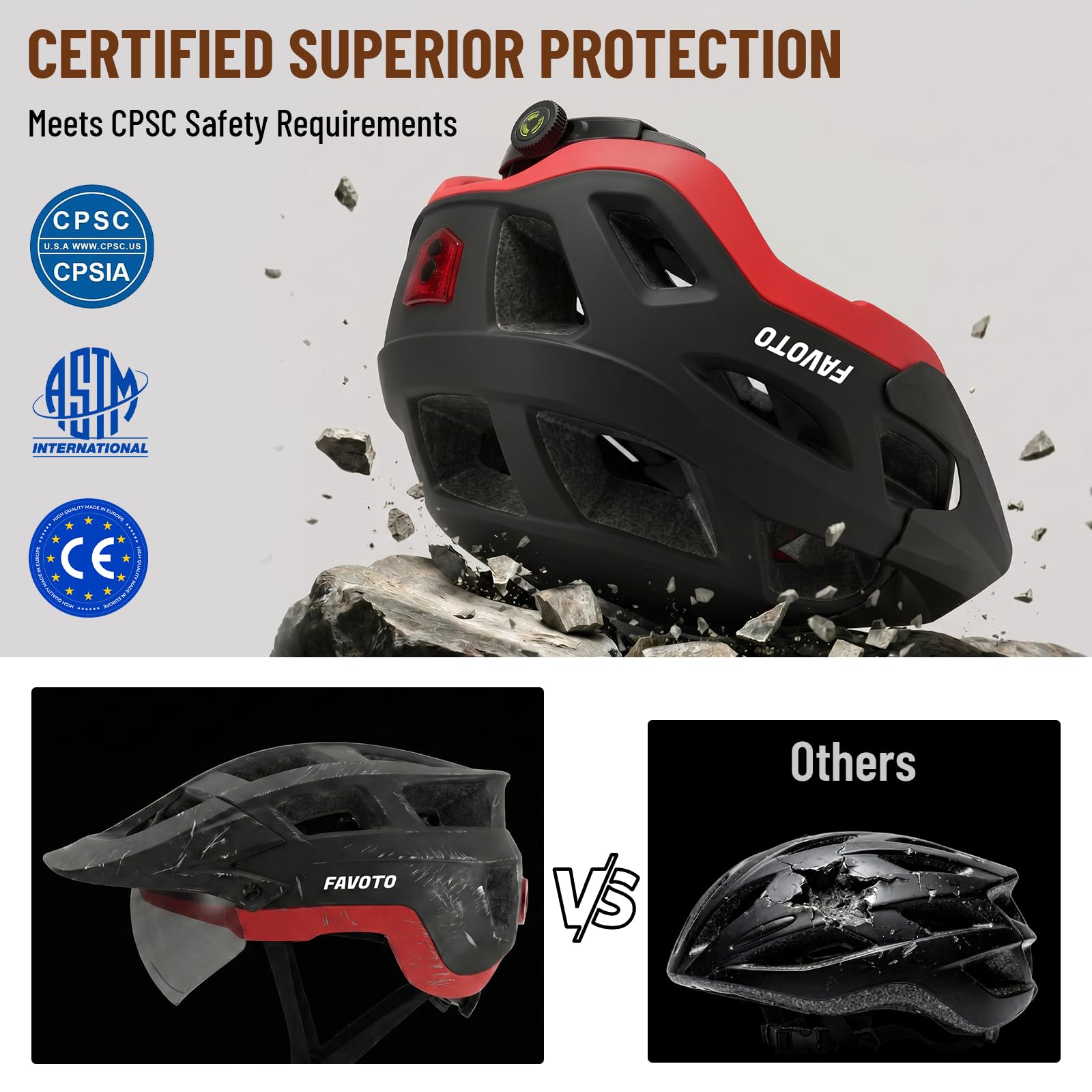 Favoto Fahrradhelm für Erwachsene für Rennrad und Mountainbike, mit USB wiederaufladbarem LED-Rücklicht, magnetischer Brille und Abnehmbarer Sonnenblende, Helm für Damen und Herren