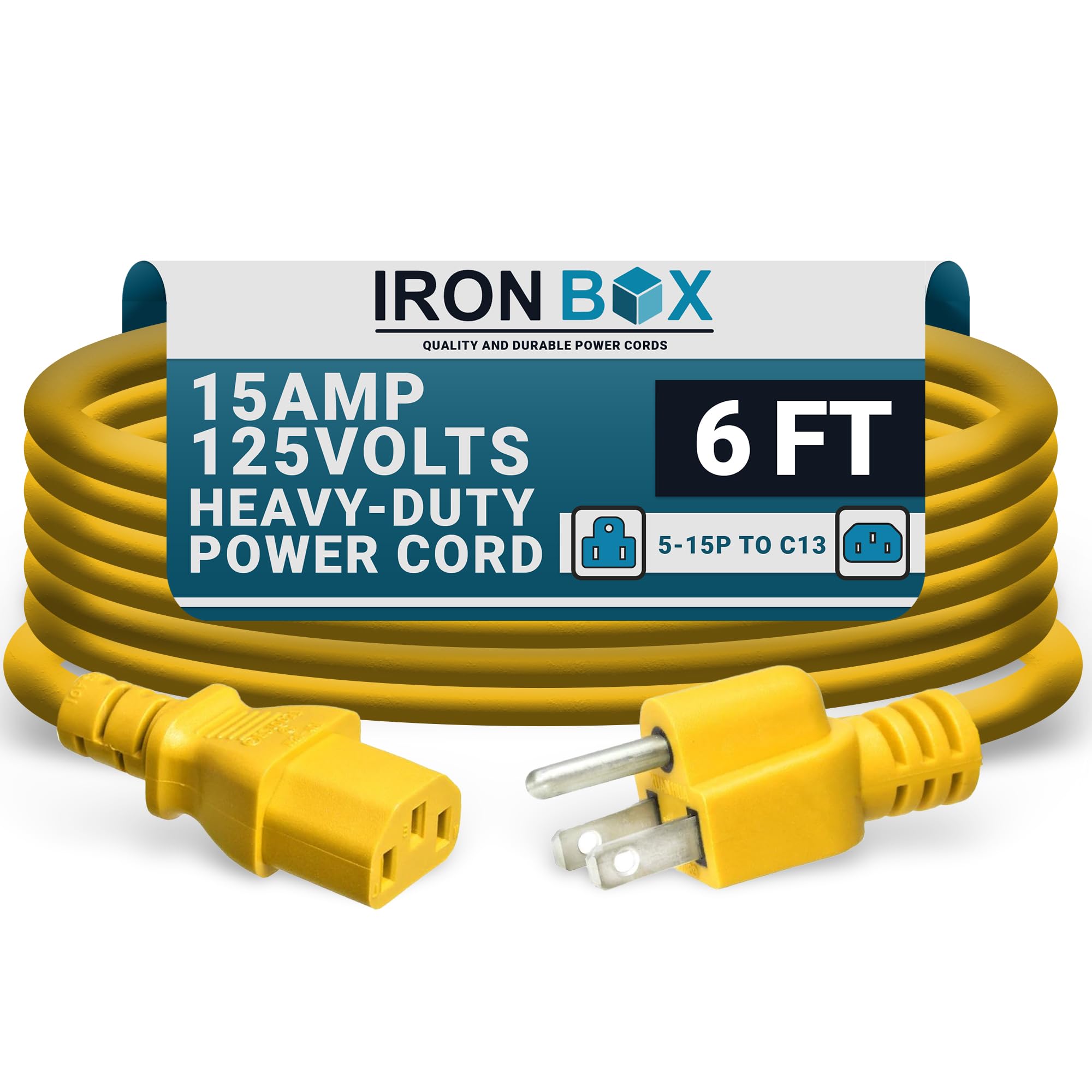 IronBox Electric - Heavy-Duty 5-15P to C13 Power Cord - 3 Prong 15A 125V 14/3 SJT PC Cable - Cord for Computer, Monitor, Subwoofer, Amplifier - Cable for Power Supply - (Yellow 6 Foot)