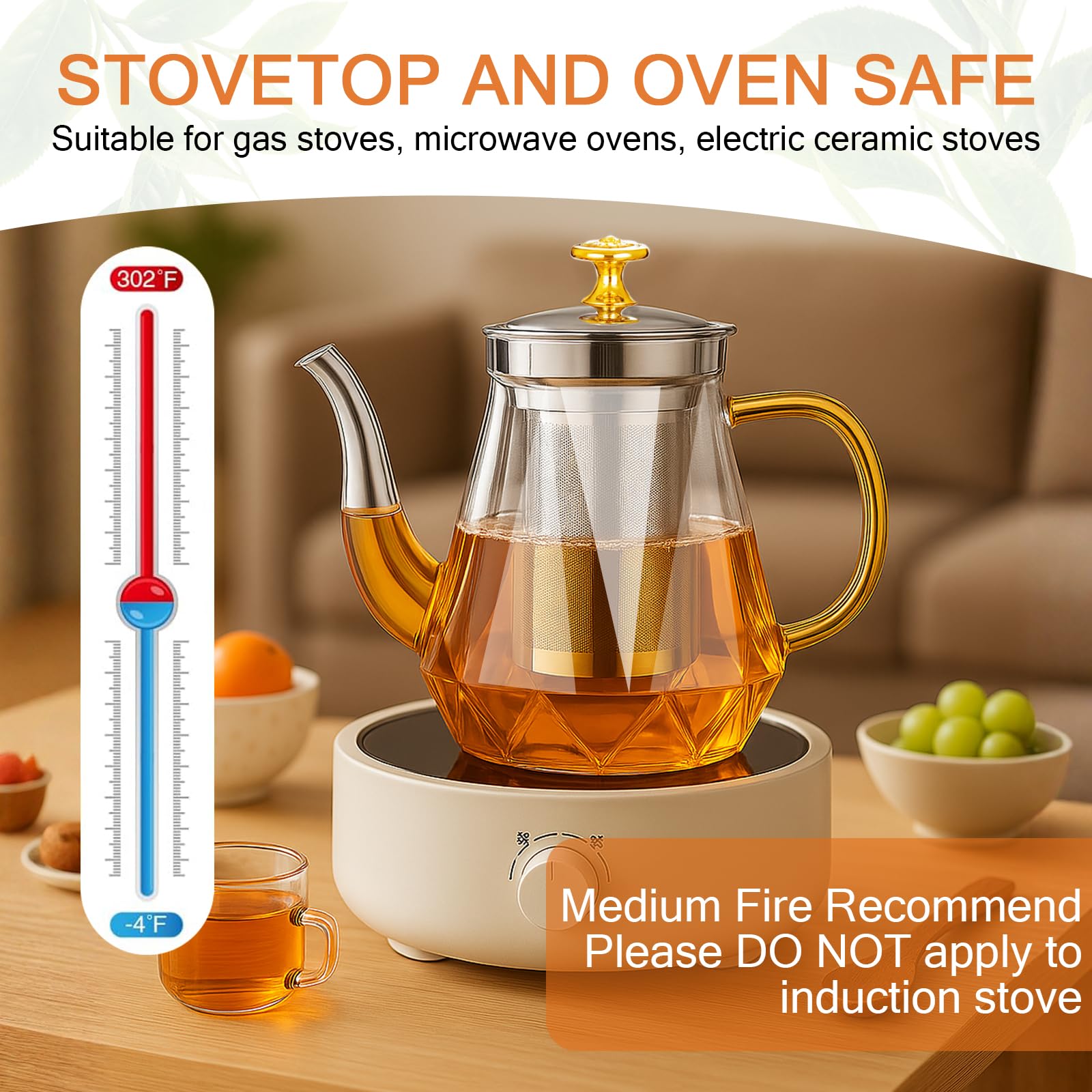 1000ml/34oz Teiera di Vetro con Infusore, Tisaniera in Vetro Resistente al Calore Adatto ai Fornelli, Teiera di Vetro Borosilicato con Filtro in Acciaio Inox per Foglie di Tè Sfuso/Teabloom
