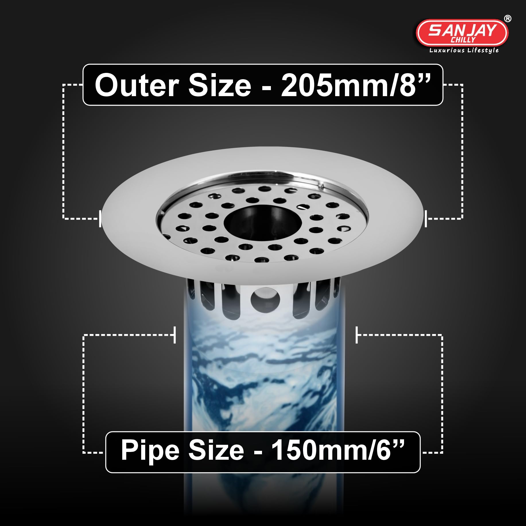 Sanjay Chilly Round SS Floor Drain Cockroach Trap with Pipe Hole 8 Inch for Bathroom 304 Grade Waste Water Drainer in Bathtub Washbasin Sink Toilet & Kitchen Cover Jali (Round Gypsy Silver 8 Inch)