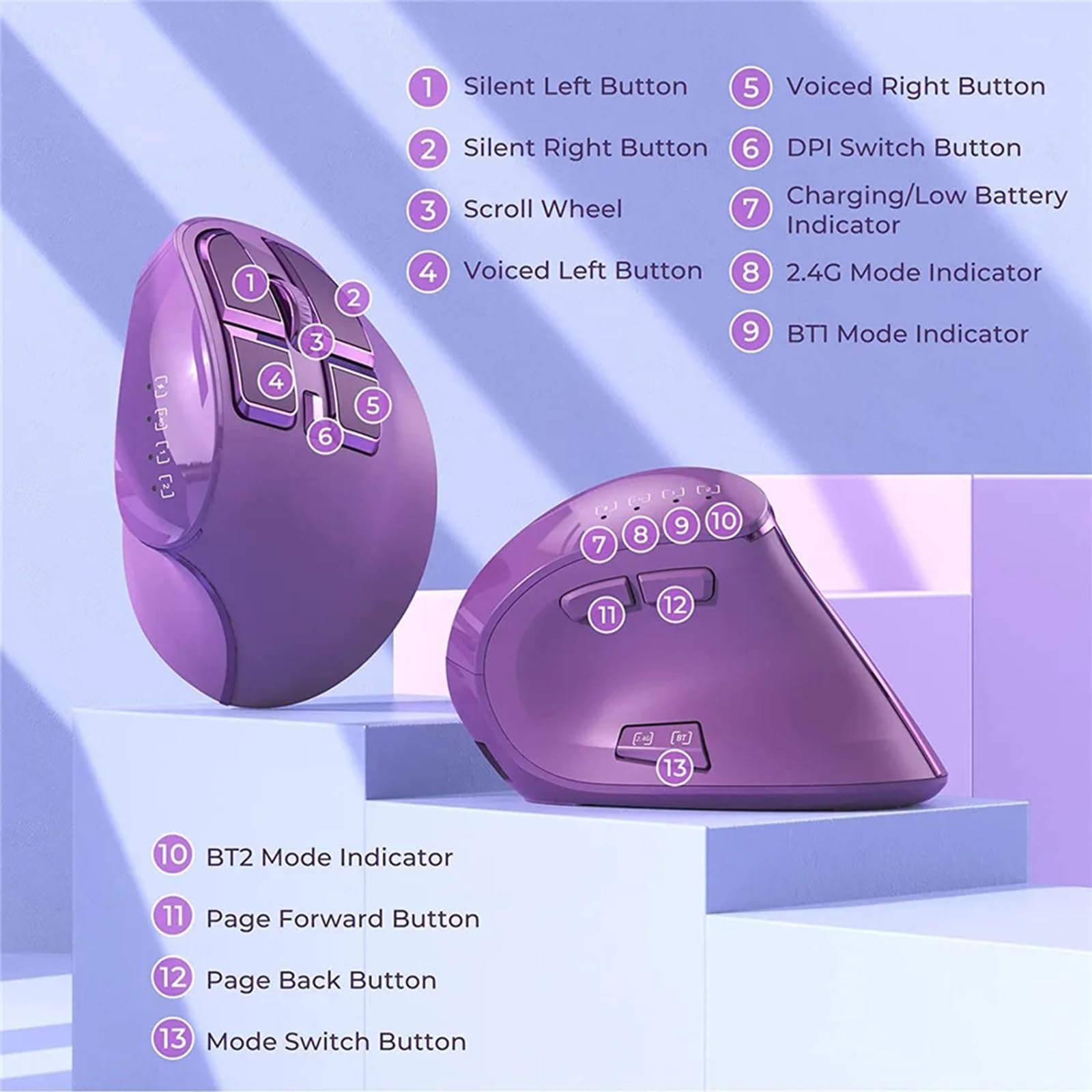 Ratón vertical, ergonómico inalámbrico (BT 5.0 + Bluetooth 3.0 + conexión USB) con 9 botones, ratón vertical recargable para ordenadores (morado)