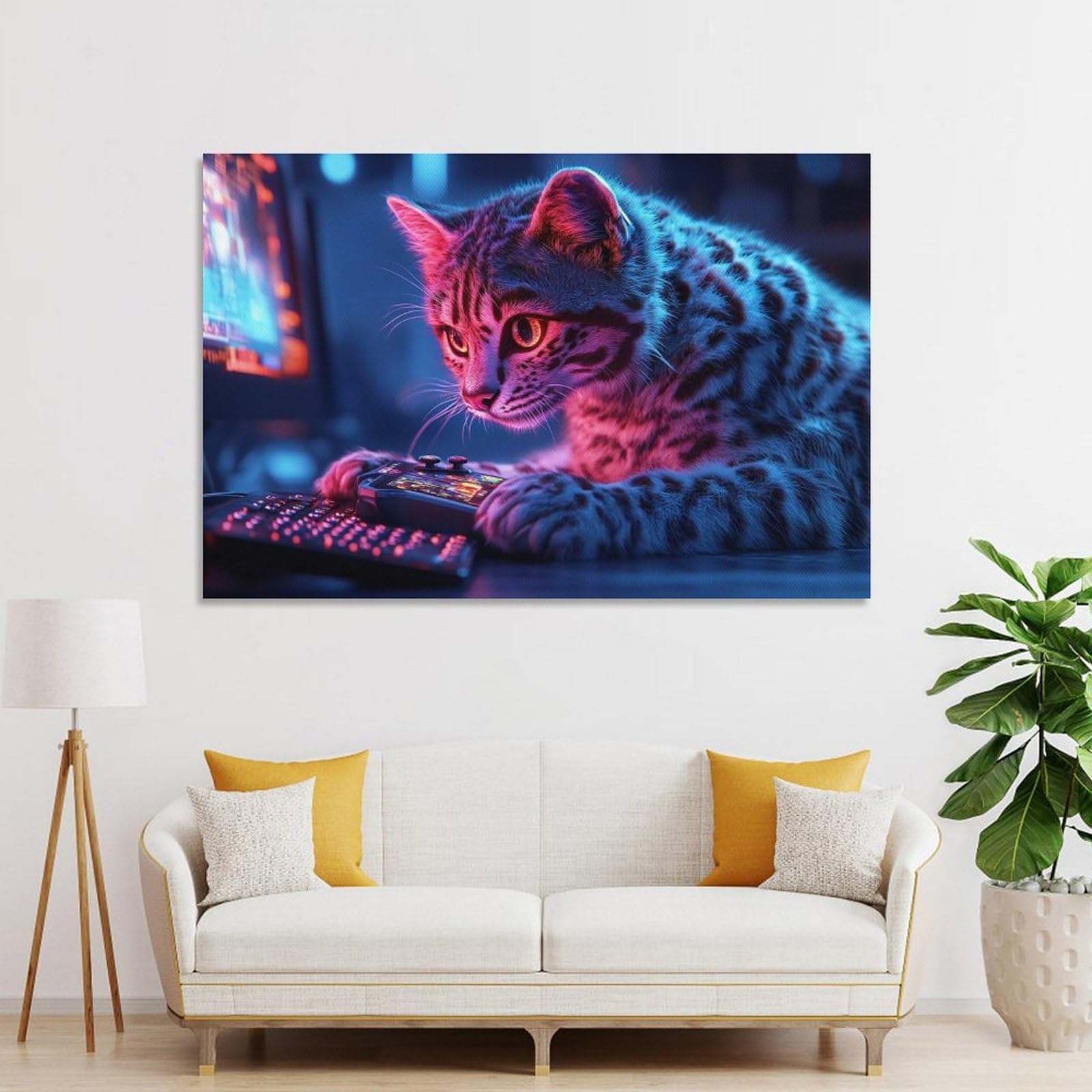 Junmoney Cyberpunk Cat Gamer Hanging Wall Art 20x30inch(50x75cm), for Bedroom Walls, Guest Spaces Or Lounges, An Easy Wall Refresh for Bedrooms