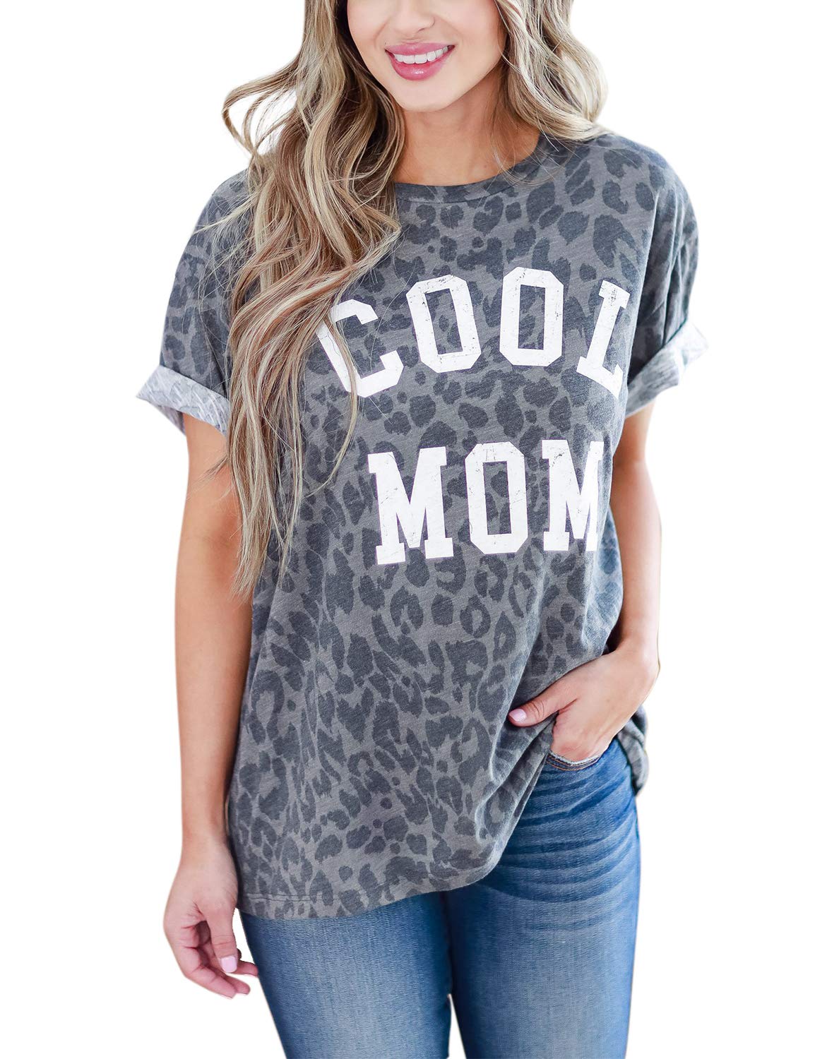 Blooming Jelly Women's Leopard Print Top Cool Mom Short Sleeve Casual Loose T Shirts
