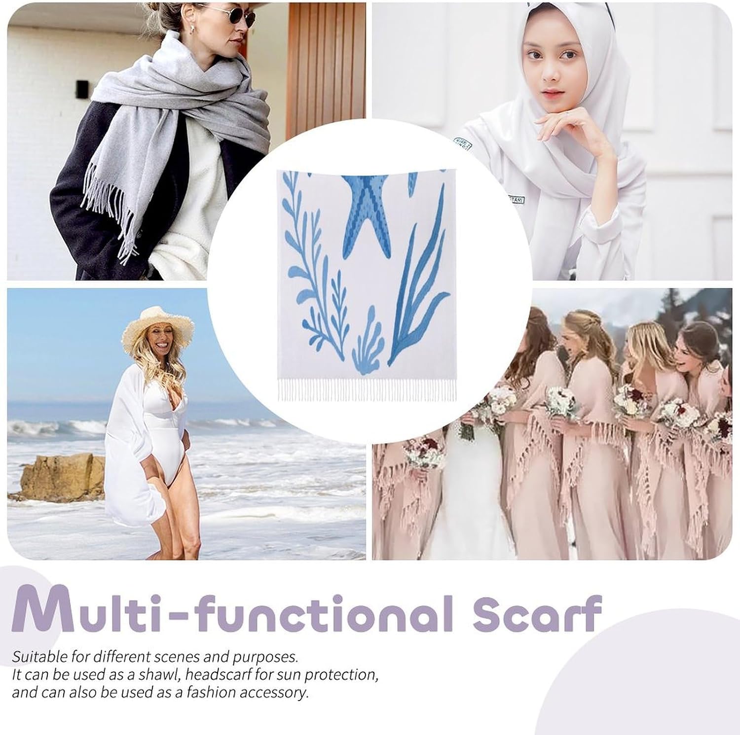 Summer Ocean Beach Scarf for Women Men Classic Fashion Blanket Scarves Soft Cashmere Feel Scarf Cold Weather Warm Long Shawl Winter Large Scarves Classic Blanket Scarfs Thick