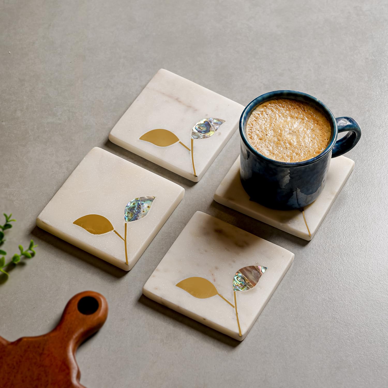 CASA Decor White Marble Coasters Set of 4 – Square Tea & Coffee Cup Drink Coasters with Brass & Mother of Pearl Leaf Inlay for Dining Table, Center Table & Office Desk-image-46