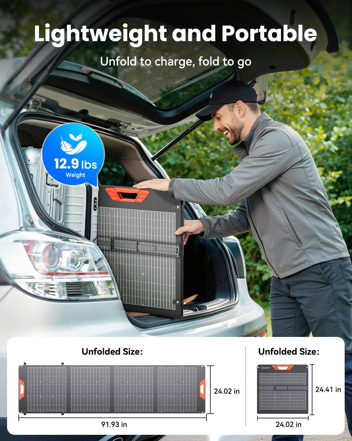 SOLUPUP Pannello solare portatile da 200 W – Pannello solare bifacciale ad alta efficienza del 24% con uscita MC4, caricabatterie solare pieghevole impermeabile IP65 con cavalletto per centrale