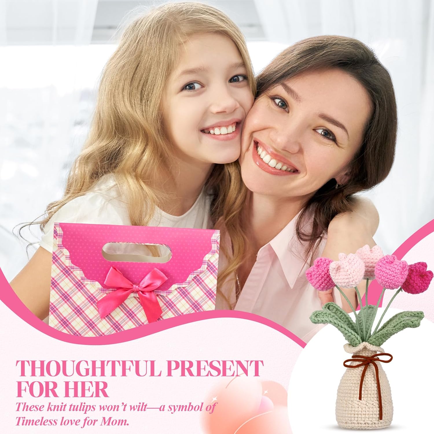 Marsui Crochet Knitting Tulip Bouquet with Vase 7" Knitted Artificial Forever Tulip Handmade Woven Flower with Exquisite Pot Gift for Valentine's Day Back to School Gift Family Home Desk Decor(Pink) - Image 4