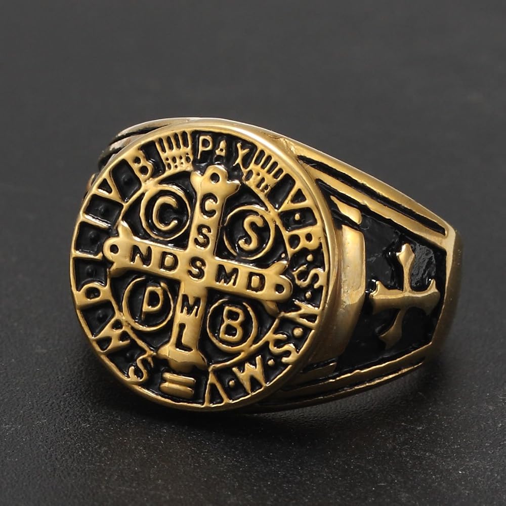 Mowen St Benedict Exorcism Signet Ring – Stainless Steel Catholic Protection Band, Golden Tone