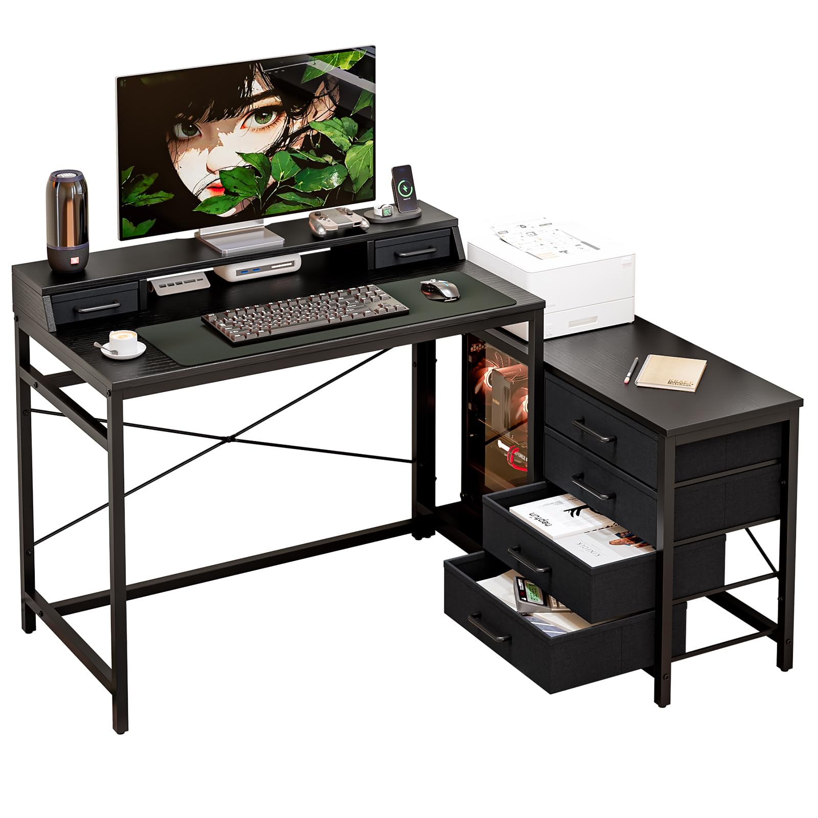 Escritorio Gaming Esquinero con Cajones y Soporte para Monitor | Reversible izquierda/derecha, 135 × 100 cm, Negro, Ideal para PC y oficina en casa