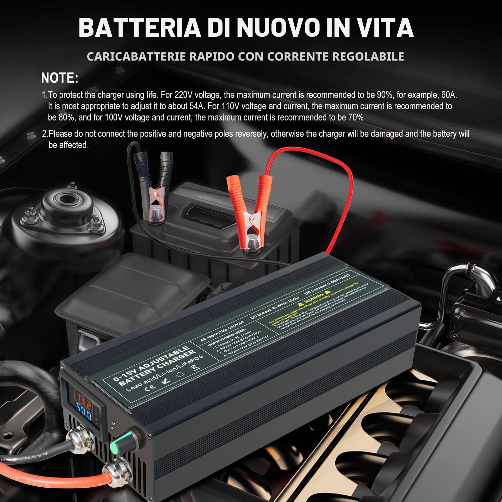 Caricabatterie LiFePO4 14,6V 60A con Regolazione di Precisione a Multigiro, Caricabatterie Litio 0-15V/0-60A Intelligente per Auto, Camion, Moto, Tosaerba, Barca