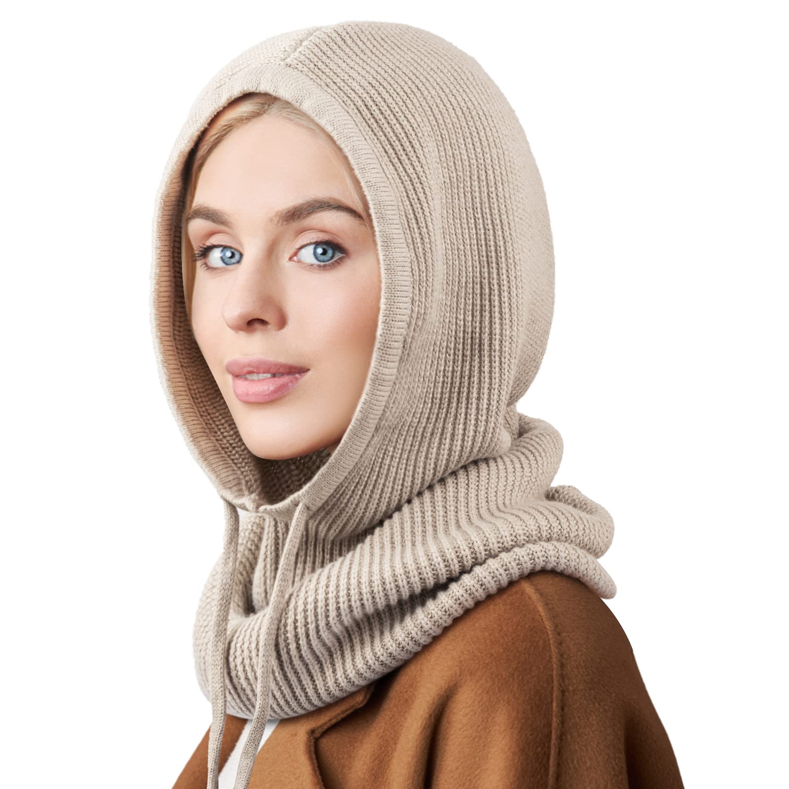 Dreshow Women's 1 Pc Hooded Hat: Camel Winter Hats For Balaclava Knit Beanie Skull Cap With Drawstring Warm Hooded Scarf Hat