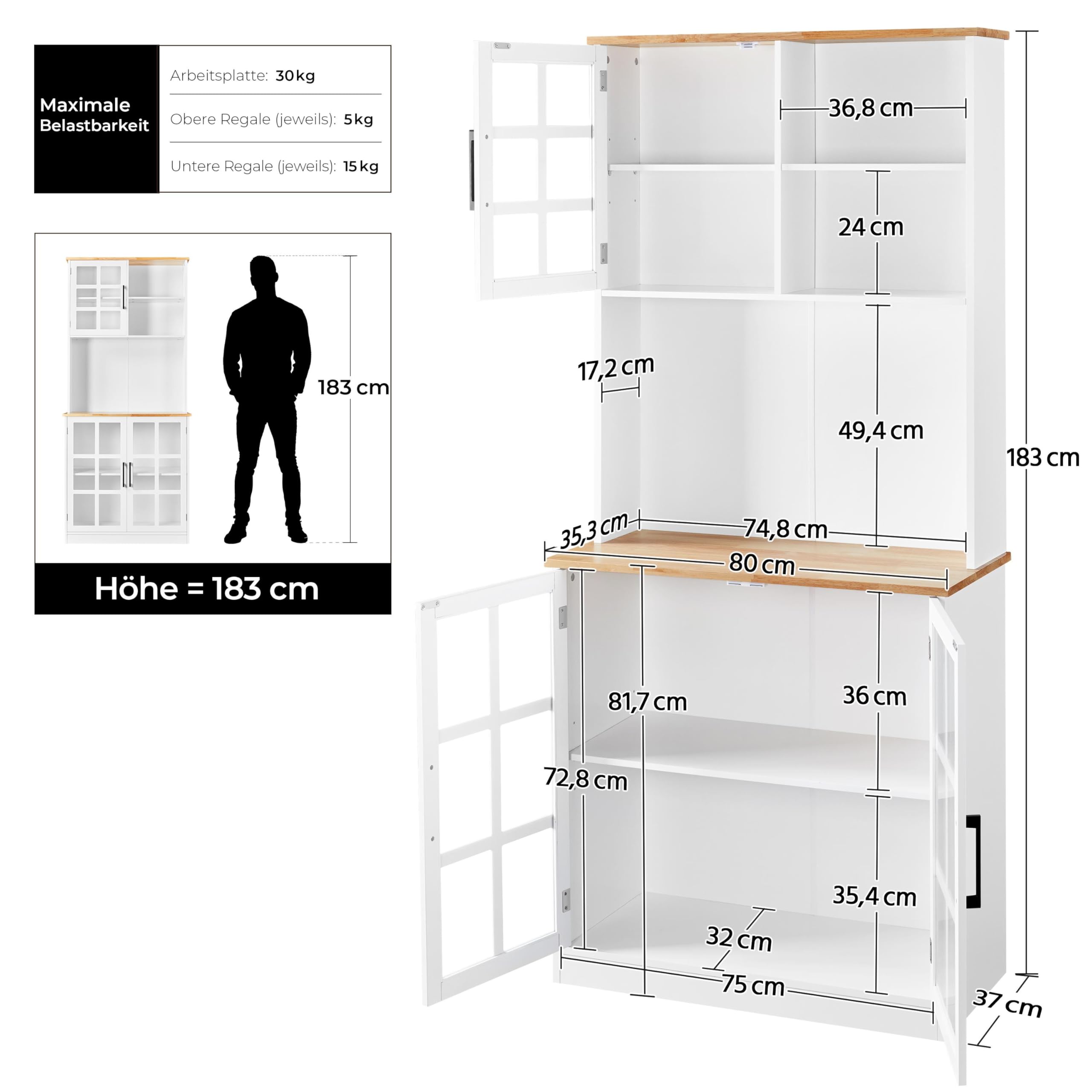Yaheetech Küchenschrank, Hochschrank mit Schrank, Mehrzweckschrank mit verstellbaren Einlegeböden, Vorratsschrank mit Glastüren, Geschirrschrank mit Offenen Ablagefächer, Weiß
