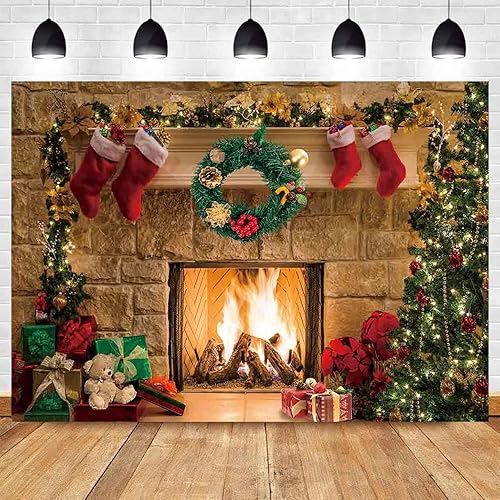 Miniatura 1 de MAQTT 7 x 5 pies de fondo de fotografía para el día de Navidad, estilo vintage, chimenea, hoguera, árbol de Navidad, calcetines para reuniones