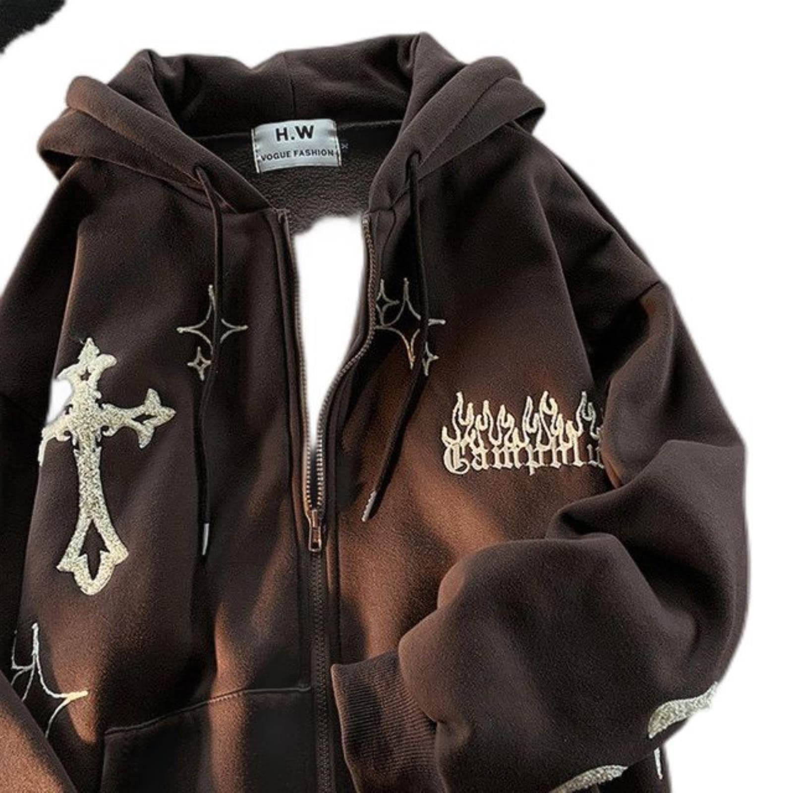 Wszjln Women's Brown Gothic Embroidery Hoodies Retro Harajuku Hip Hop Jacket High Street Zip Up Hoodie Casual Loose Sweatshirt Clothes Y2k Tops-,S