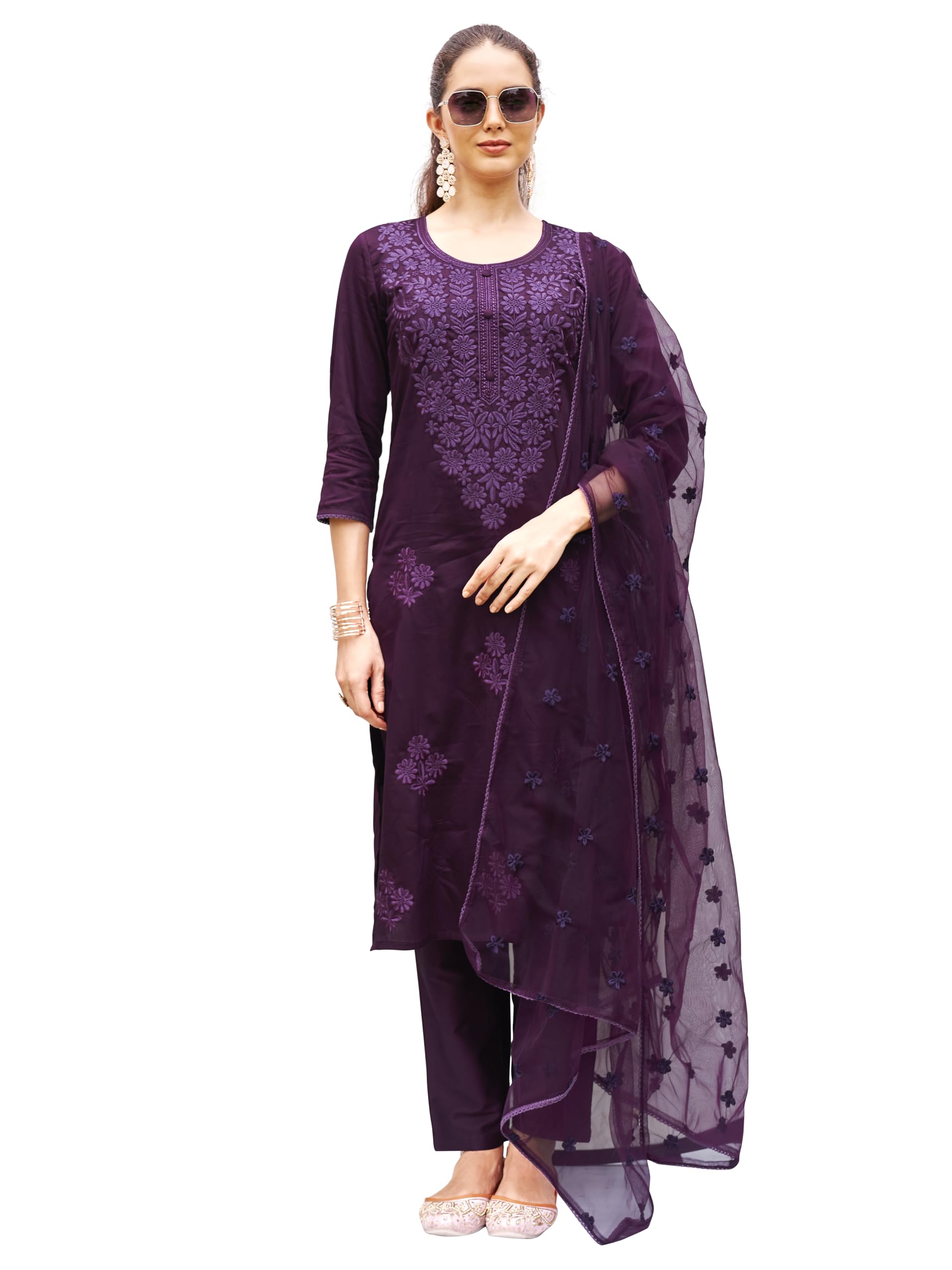 Womanista Women's Wine Silk Blend Tonal Thread Straight Cut Kurta With Pant And Dupatta (Kurtaset_1311_M)