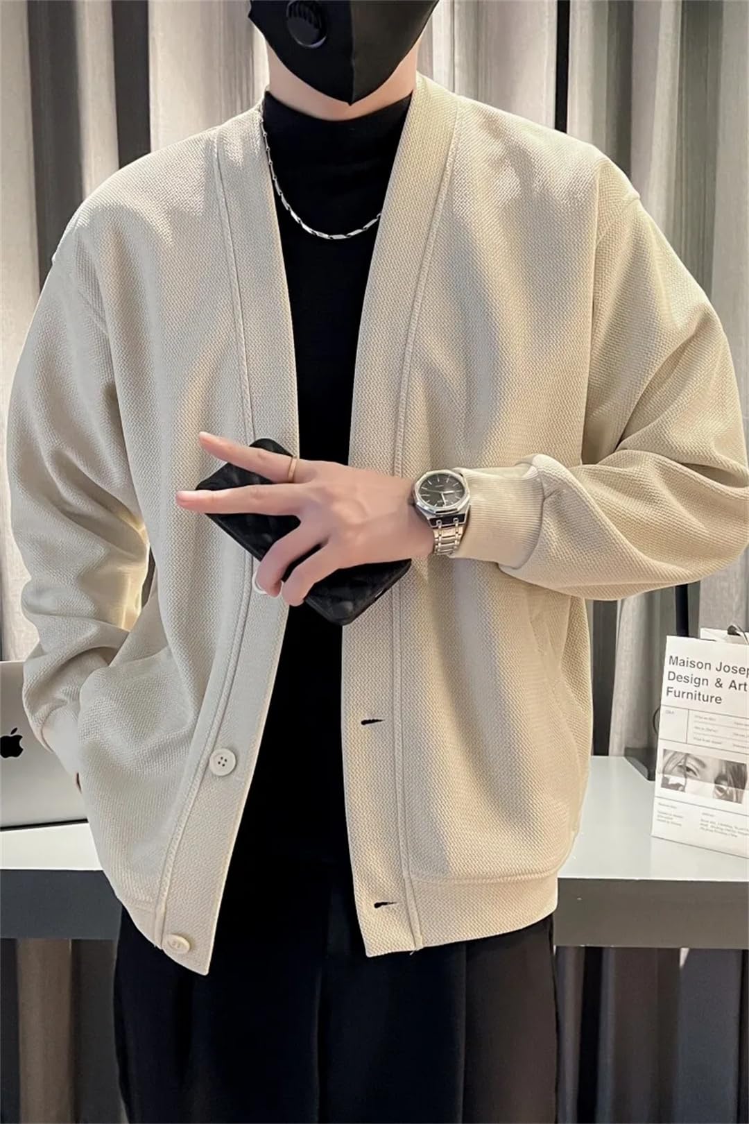 Męska wiosenna bluza z dzianiny kurtka bez kołnierza streetwear kurtka luźne płaszcze