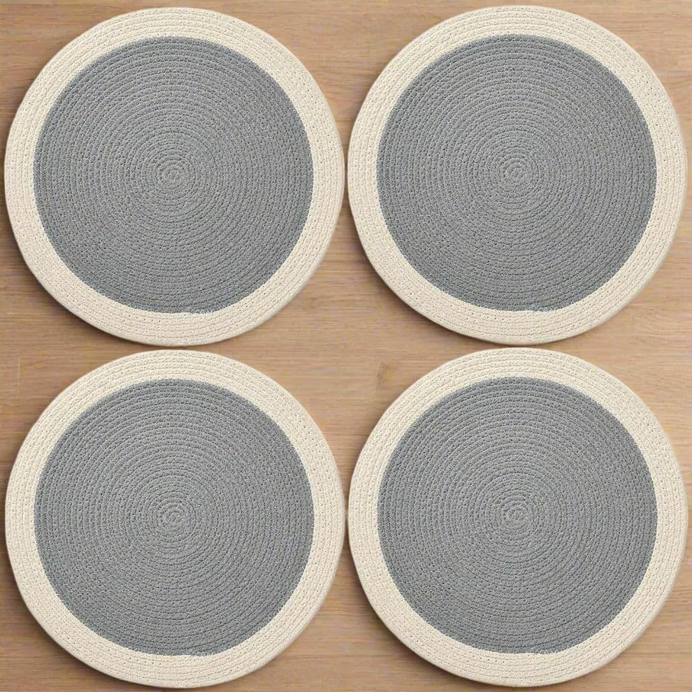 Image of Cotton Rope Placemats, Round Red with White Border, Set of 4, Heat Resistant Table Mats (Grey and White)