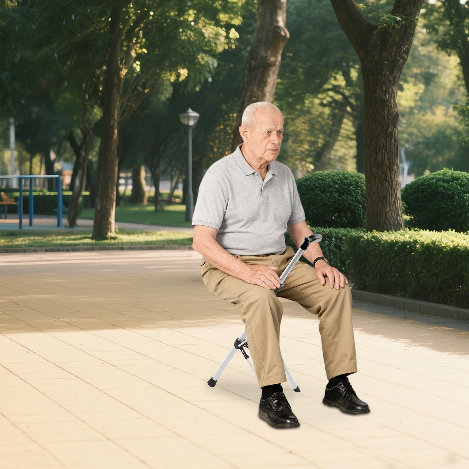 Bastón con asiento, bastón plegable con silla, silla portátil (hasta 120 kg) con patas de goma y asa para camping, senderismo, 85 cm
