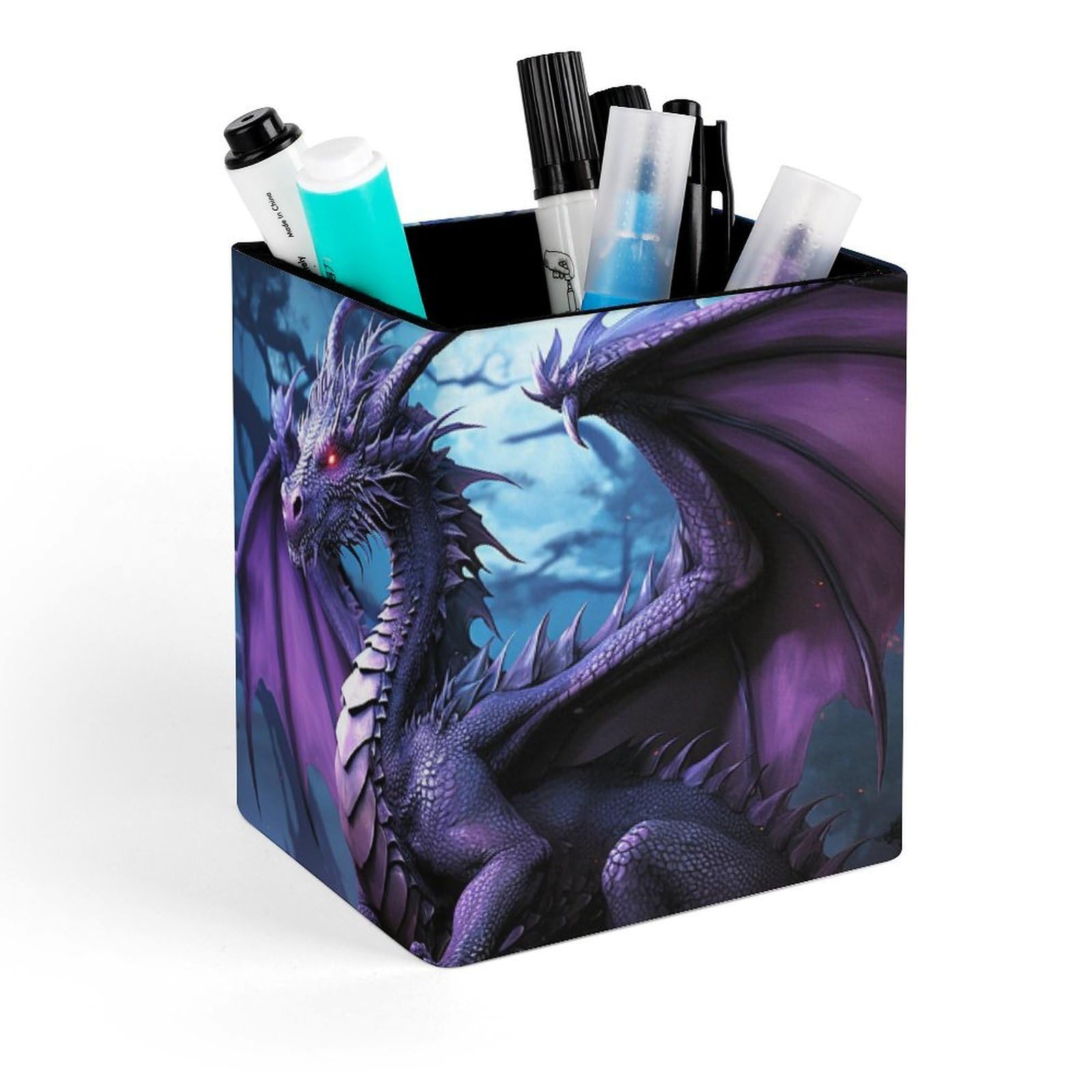 DWVTSLH Aesthetic Pen Holder for Desk - Modern Leather Pencil Holder - Stylish Square Makeup Brush Holder - Purple Dragon Purple Moon Pen Cup Cute And Functional Desk Organizer for Office Supplies