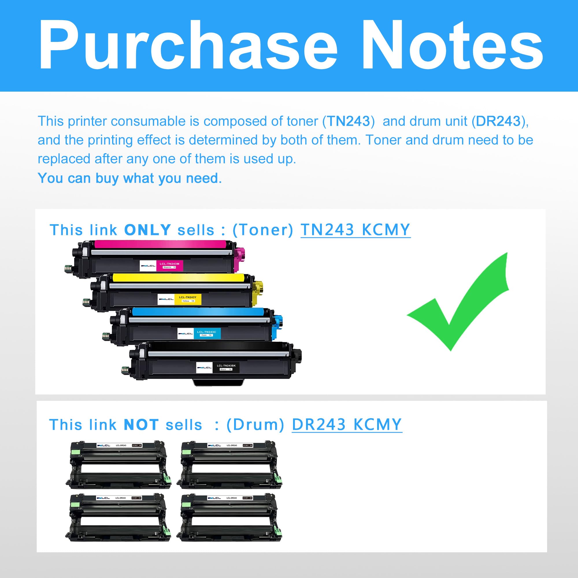 LCL Compatible Cartucho de tóner TN243 TN-243 TN-243BK TN243BK TN243C TN243M TN243Y (4Pack KCMY) Reemplazo para Brother HL-L3210CW HL-L3230CDW HL-L3270CDW MFC-L3710CDW MFC-L3750CDW MFC-L3770CDW