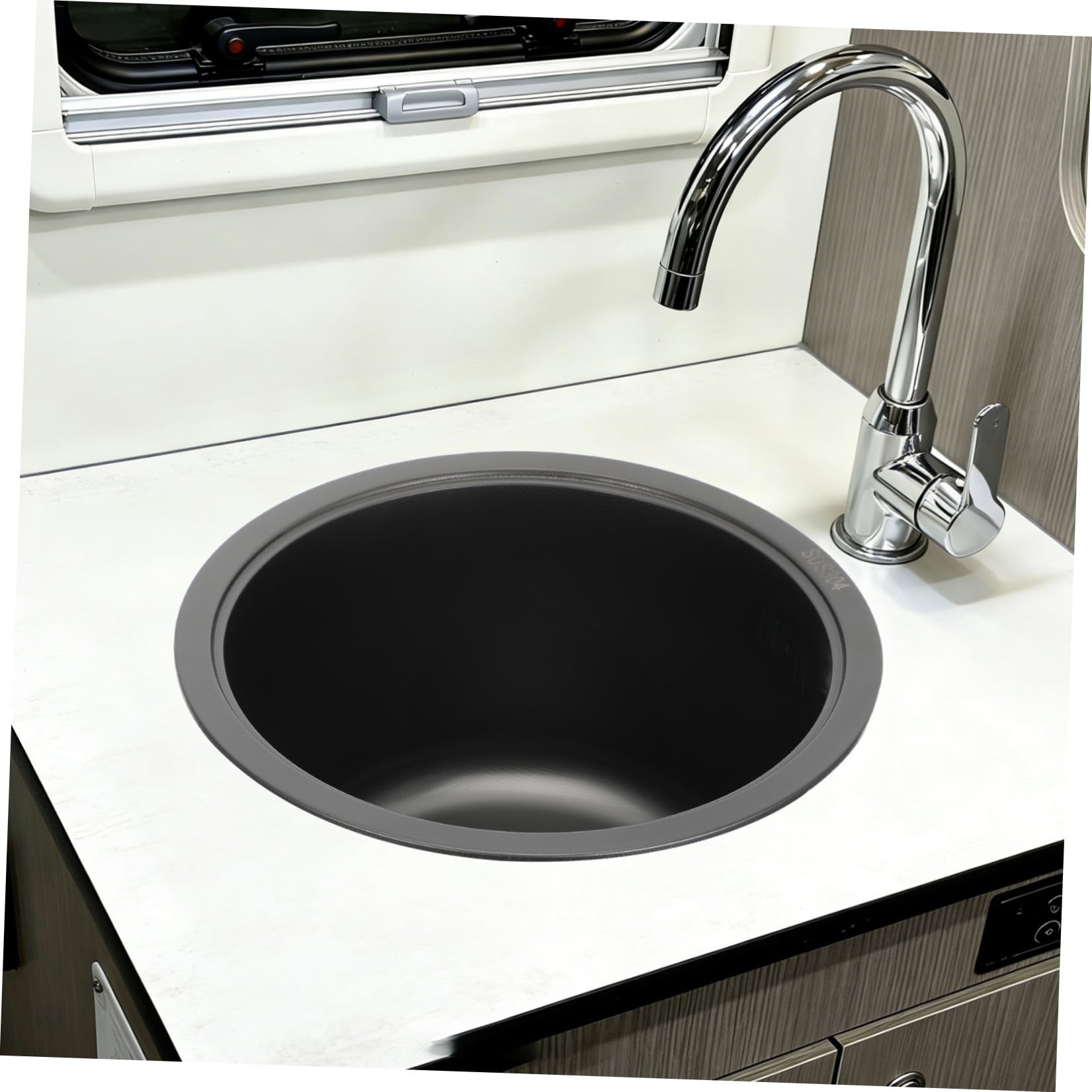 Fregadero Instalación Flexible Dual Redondo de Acero Inoxidable 304 Mini Lavabo con Kit de Desagüe E Integración de Rebosadero para Cocina Camper para Furgonetas y Caravanas