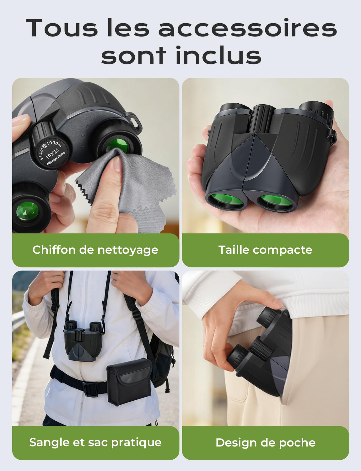 LIORQUE Jumelles 10x25 Enfants Adultes, Pliables, IPX6, Vision Nocturne | Oculaire 16mm Grand Angle, Prismes BAK-7 FMC, Caoutchouc, 0.65kg, Sangle Étui Chiffon, Oiseaux Rando Chasse
